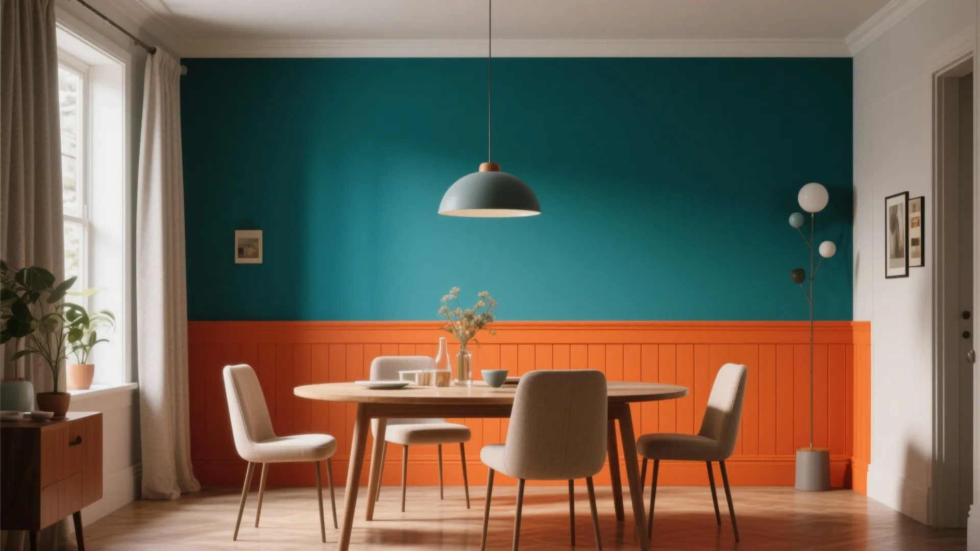 Dining room with teal upper wall orange wall panel wooden table and a ceiling light