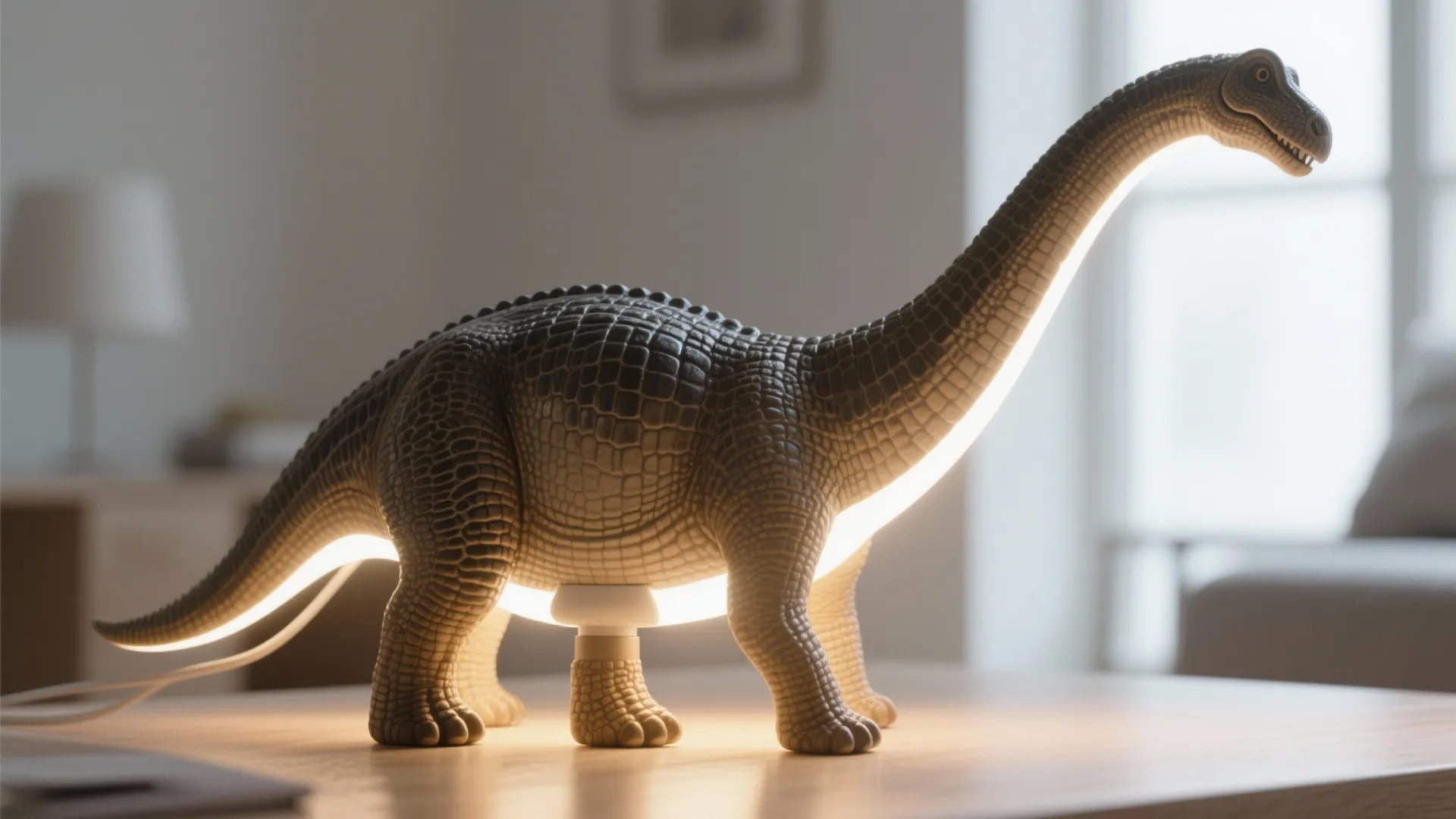 Close-up of dinosaur-shaped lamp emitting warm LED glow