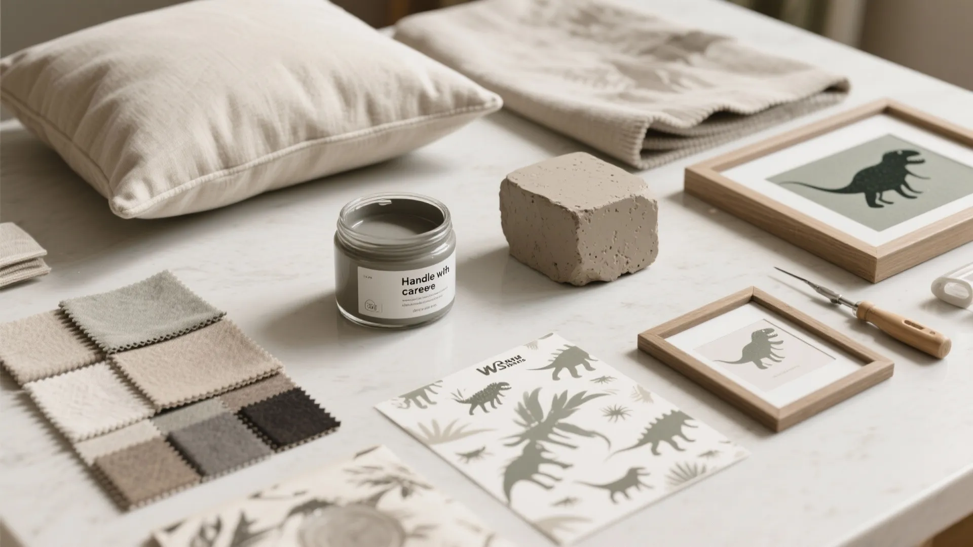 Interior design mood board with fabric samples grey paint jar dinosaur drawings and a soft pillow