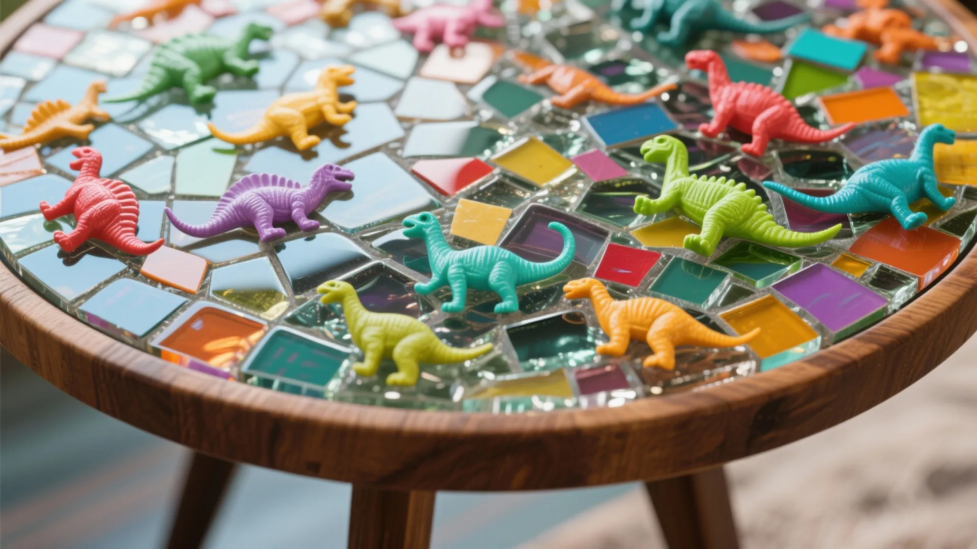 Small colorful toy dinosaurs placed on a round wooden side table with glass mosaic tile top