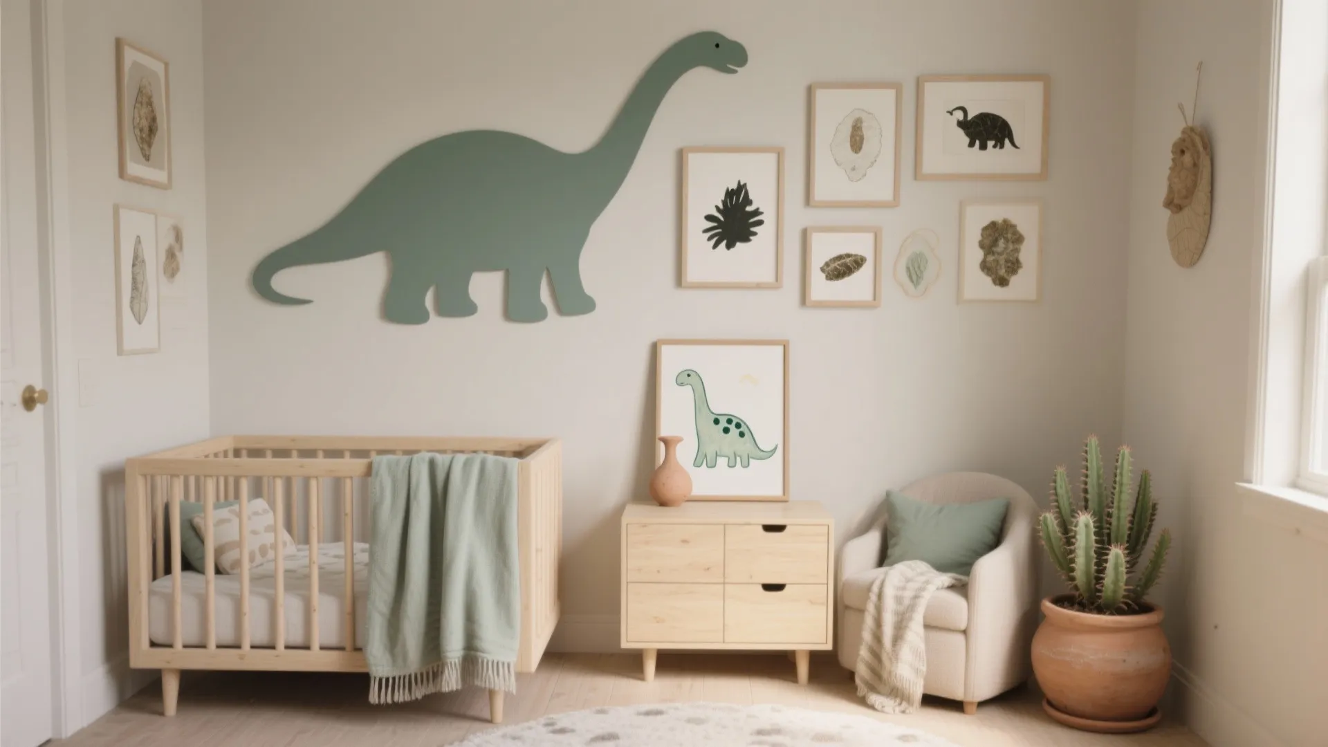 Neutral nursery room with wooden crib green dinosaur wall decal small dresser and soft beige armchair