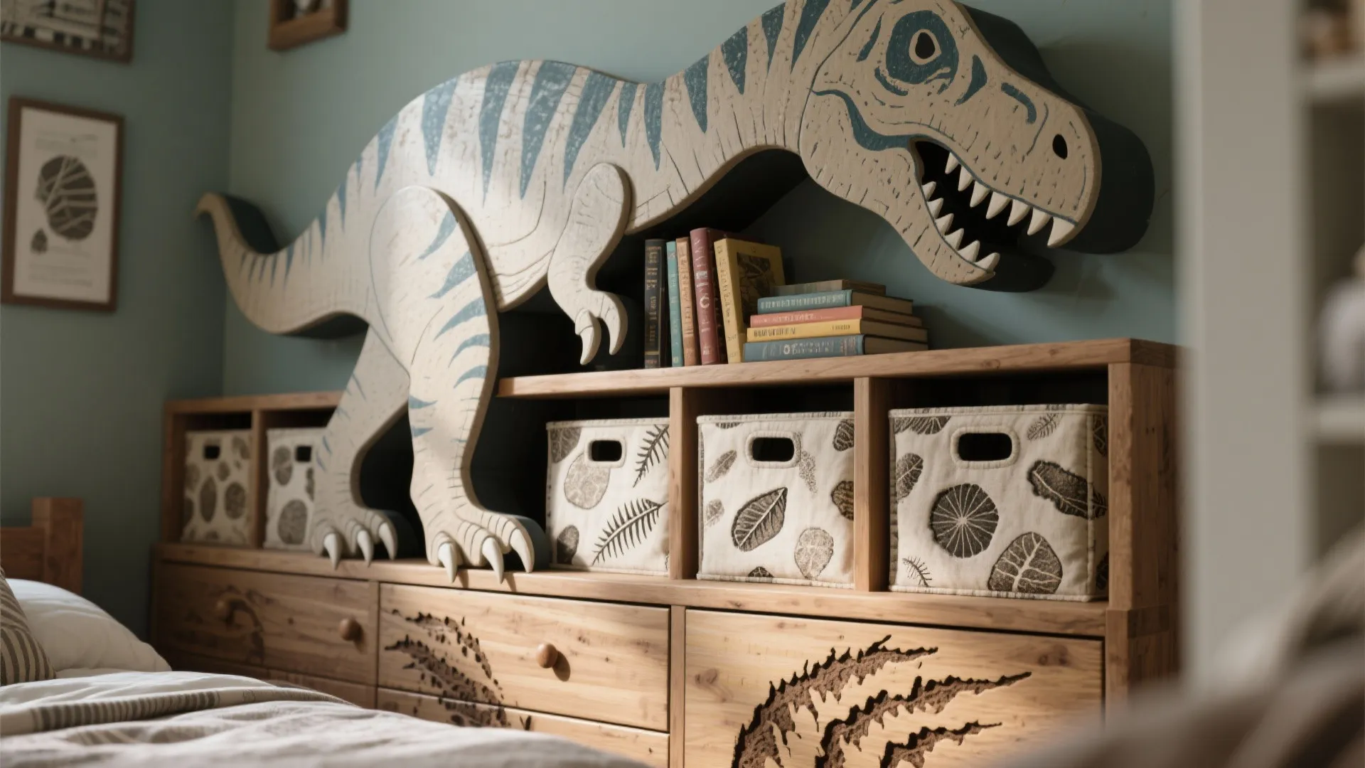 Close-up of dinosaur-shaped bookshelf and fossil-print storage bins