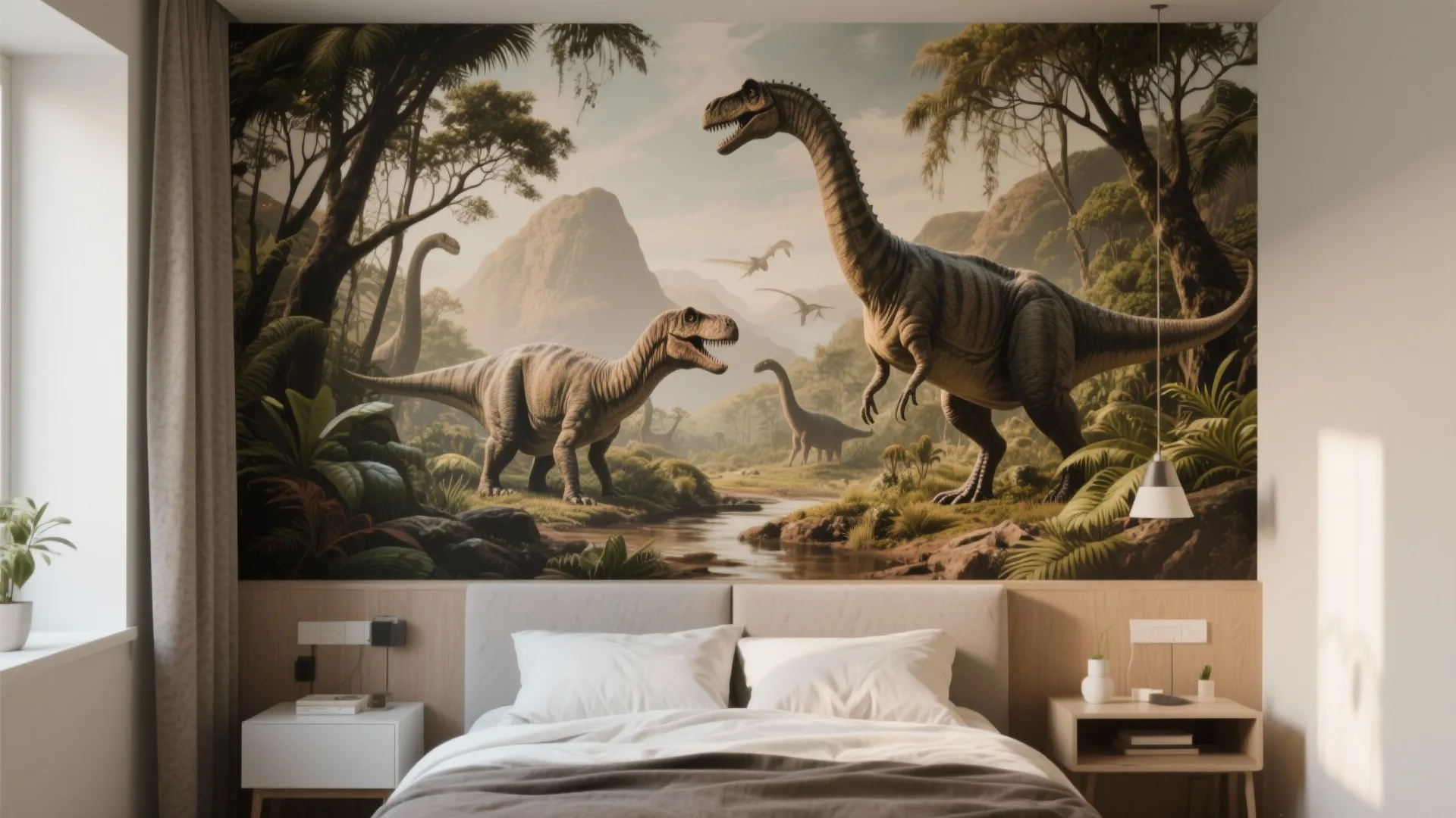 Feature wall with Jurassic mural and modern minimalist bedroom furniture