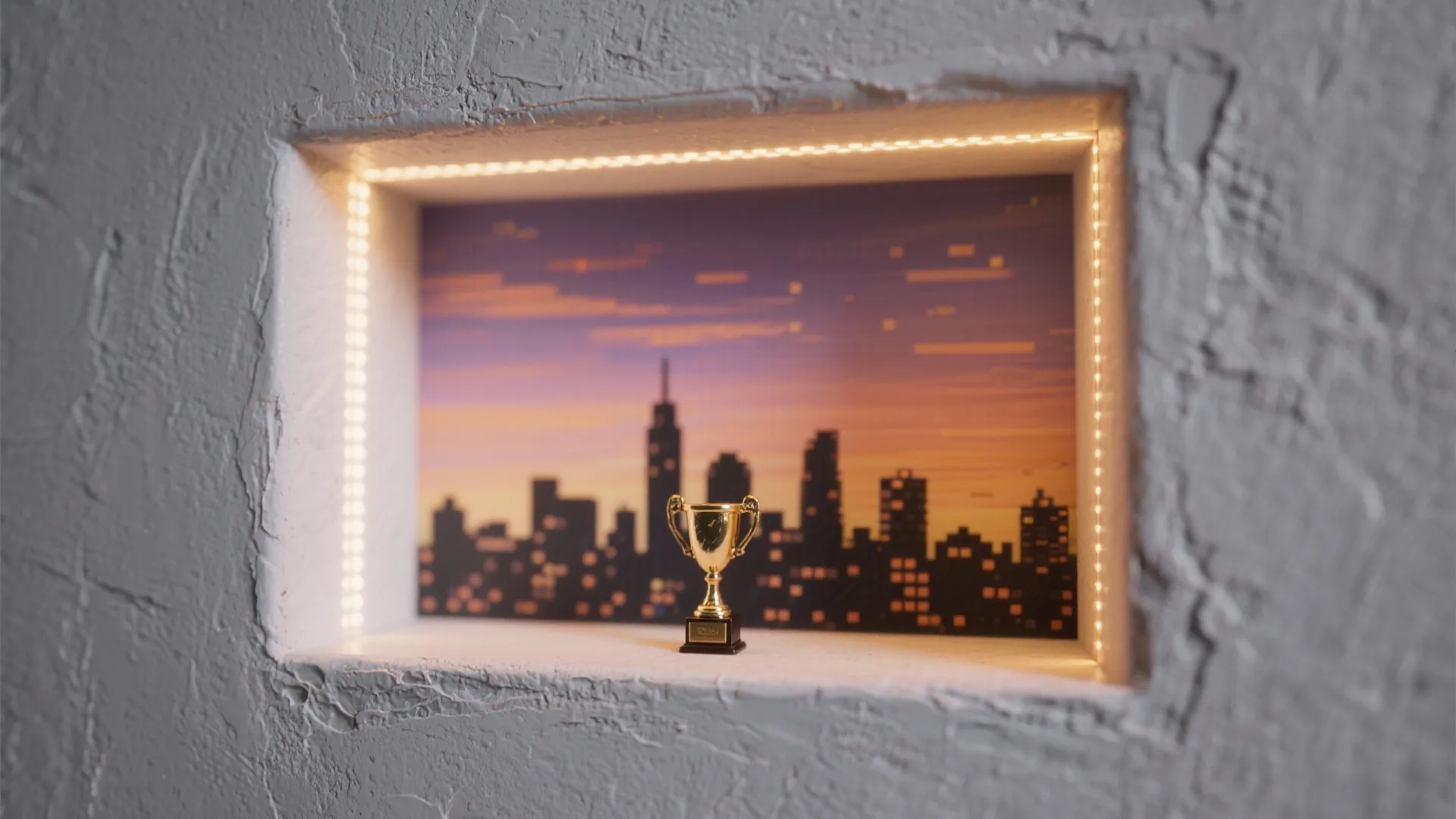 Shallow niche diorama with gradient sky, silhouetted scene and LED strip lighting.