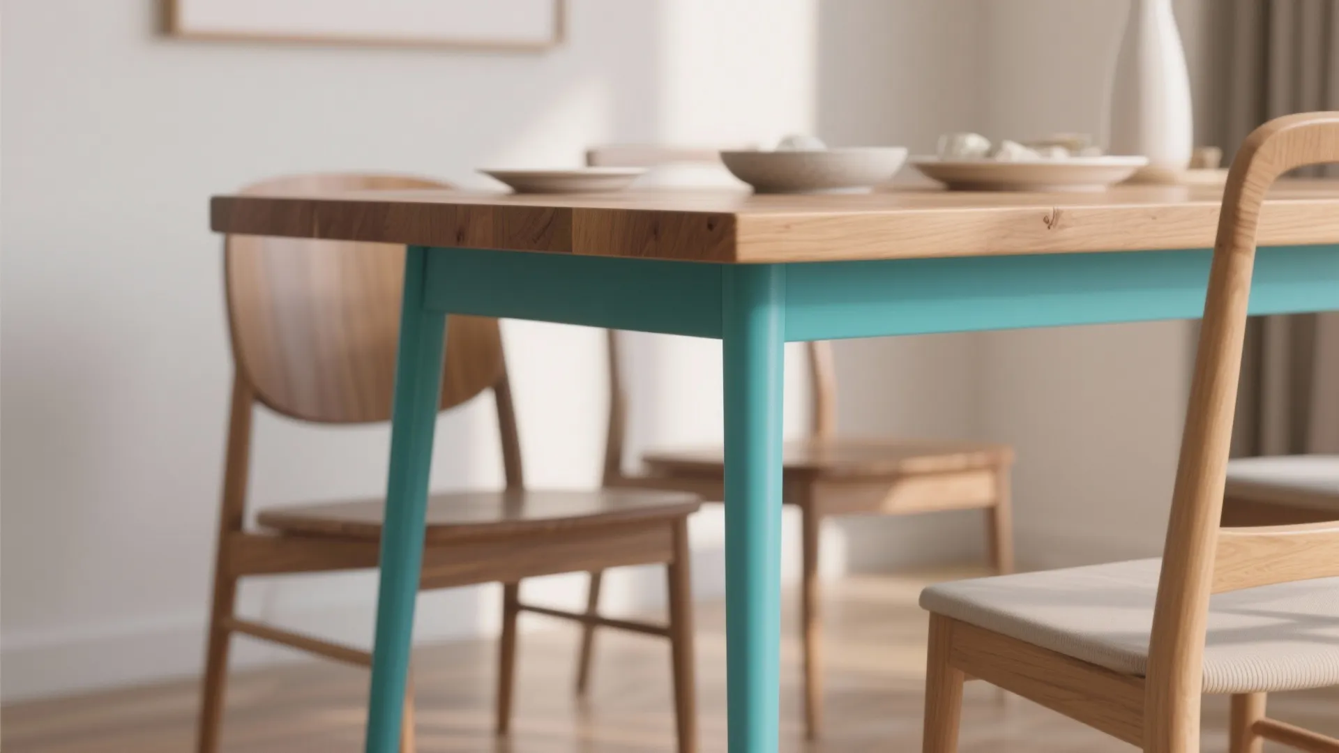 Dining table with dip-dyed contrasting table legs