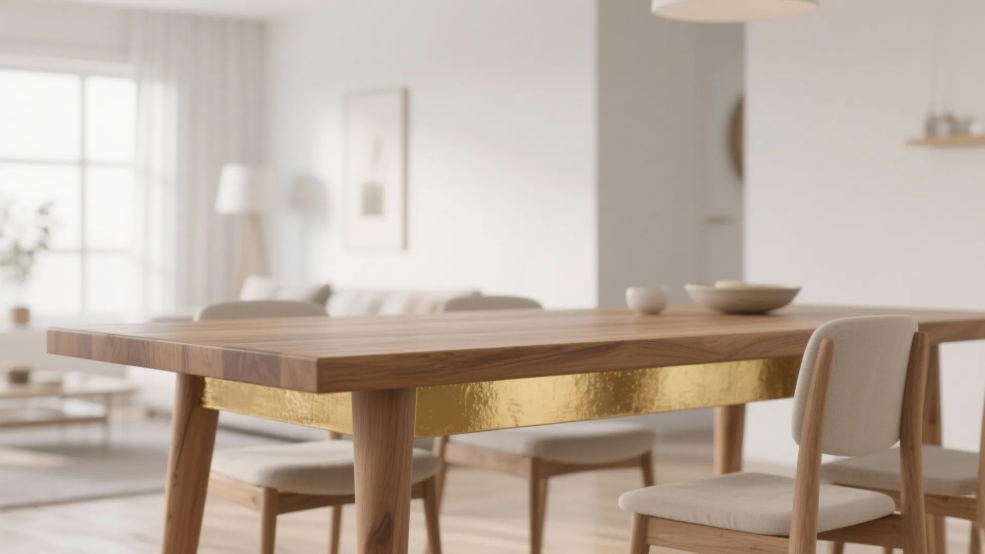 Dining table with natural legs dipped in gold paint