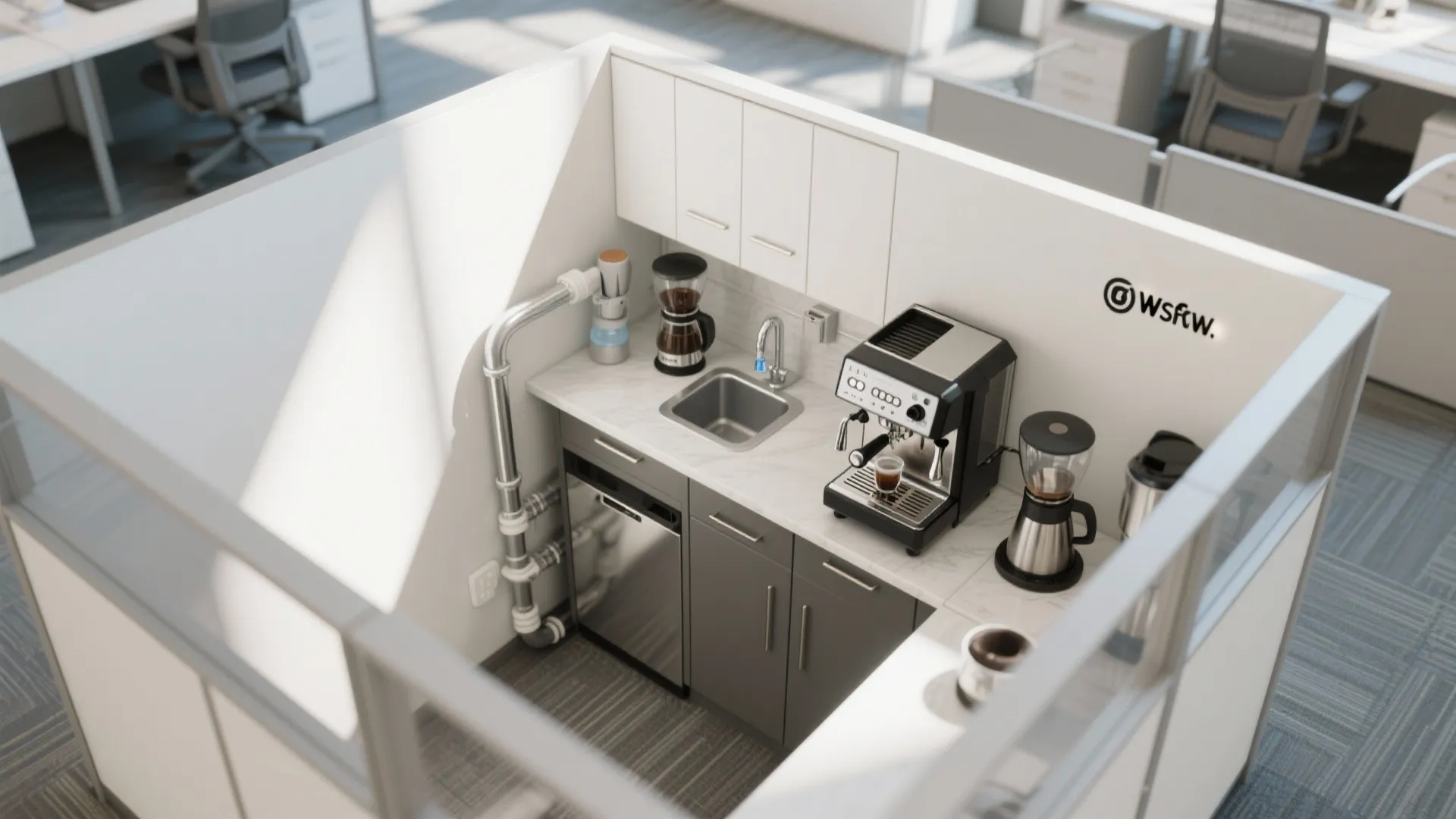 Modern office coffee station featuring a sink, coffee machine, grey cabinets, and professional water pipes