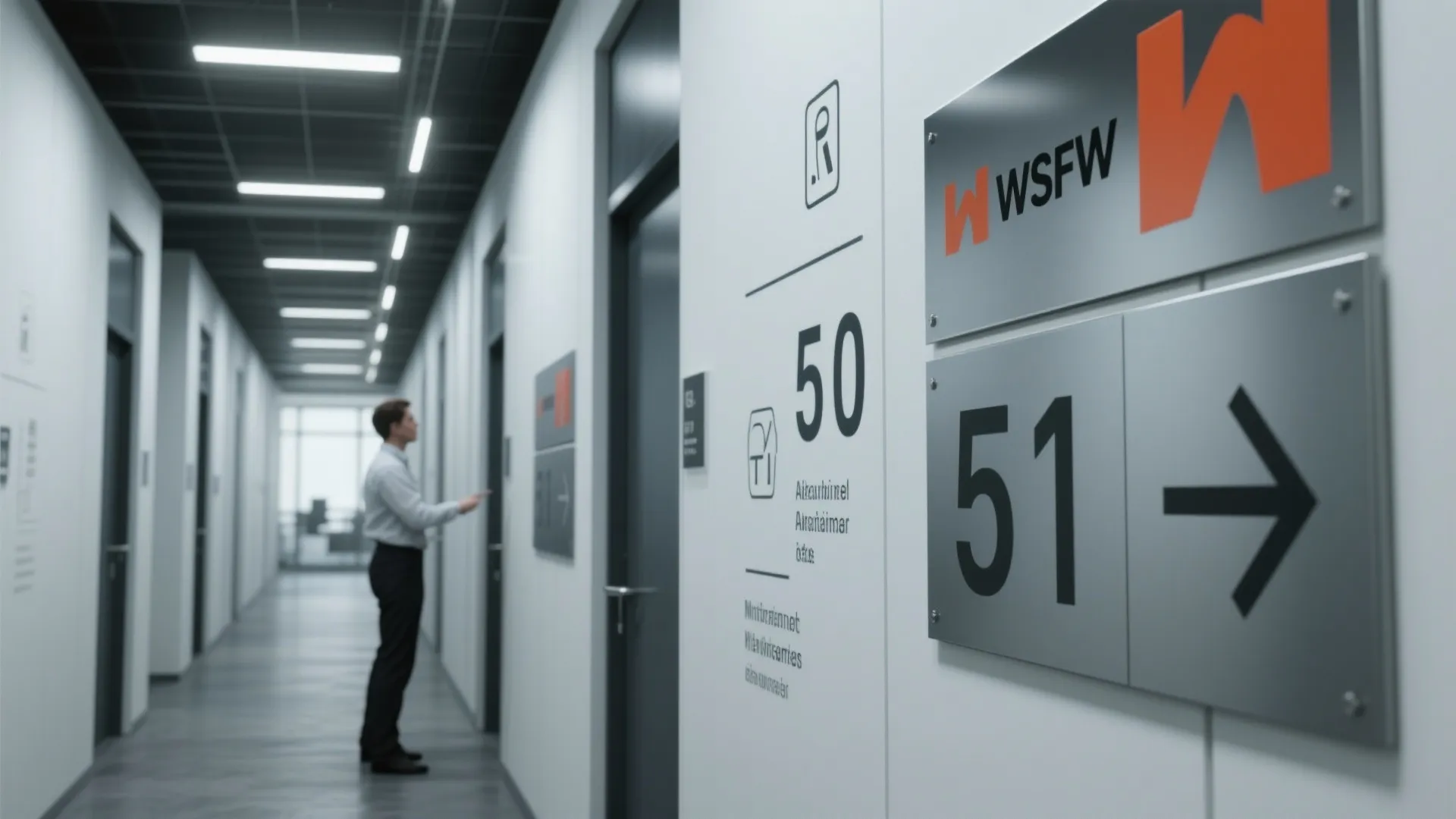 Office corridor with consistent directional wayfinding signs, icons, and high-contrast typography.