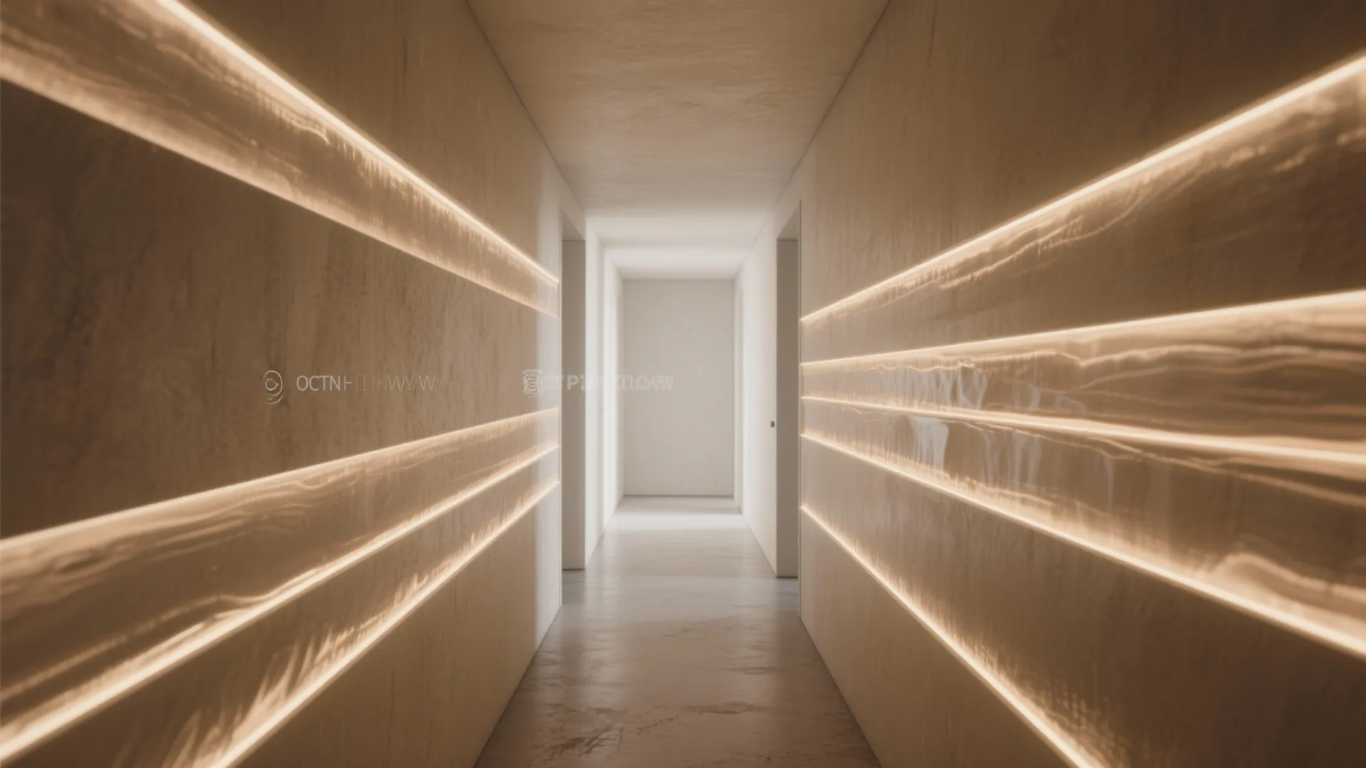 Modern hallway with warm horizontal wall light strips textured wall panels and simple white layout