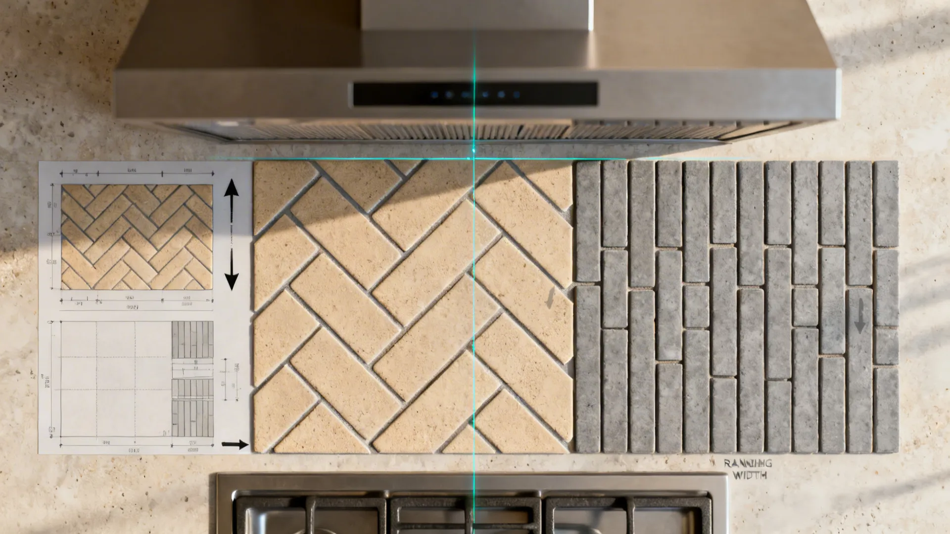 Top-down plan showing herringbone and vertical stack tile layouts aligned to kitchen sightlines.