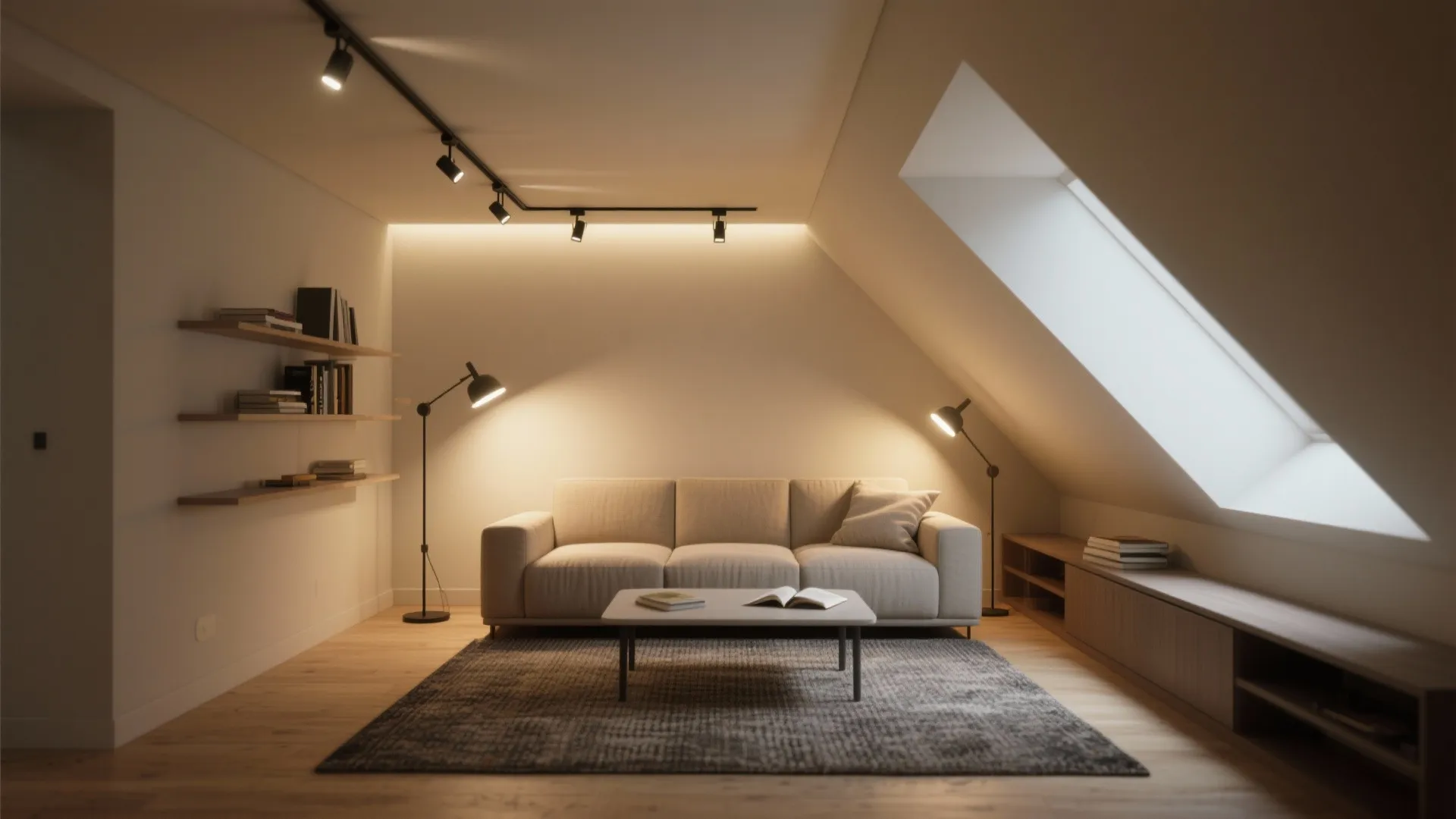 Attic living room with sloped ceiling wood floor grey rug and black track light fixtures