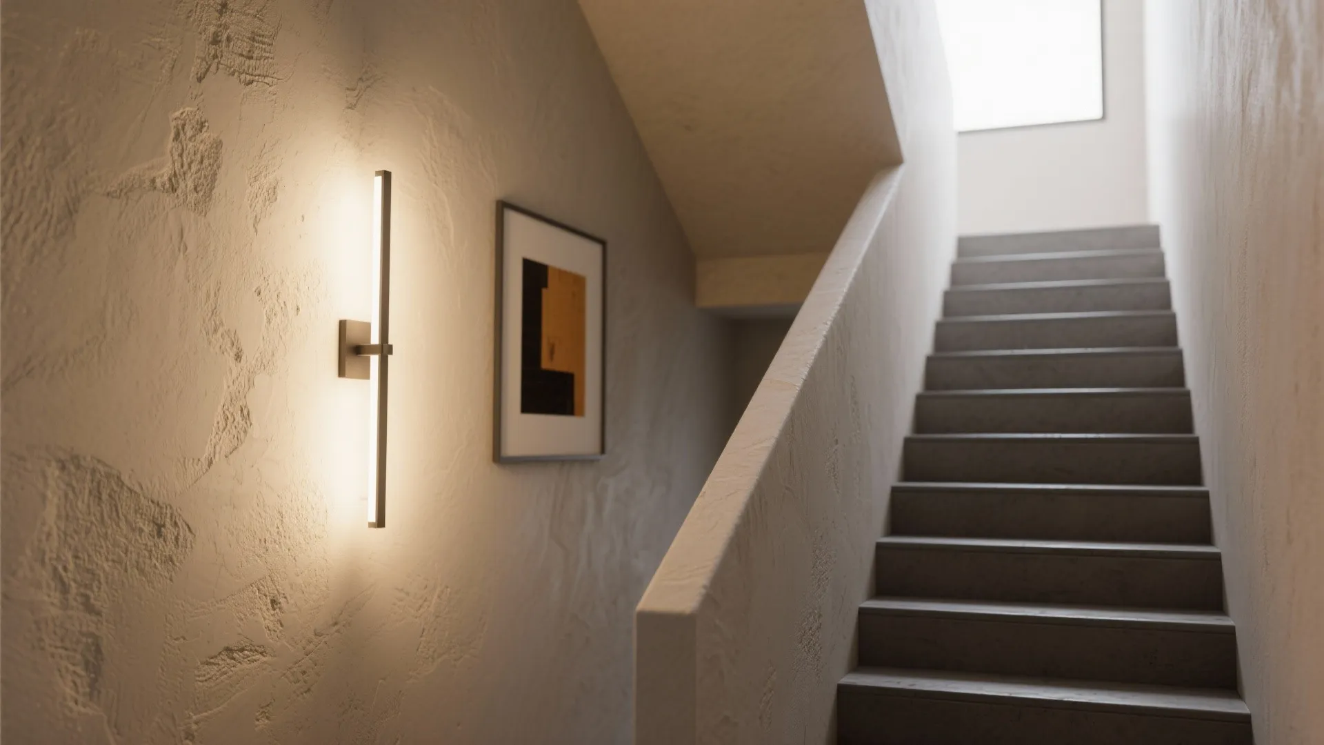 Modern wall light on textured wall beside stairs with framed art and simple interior design