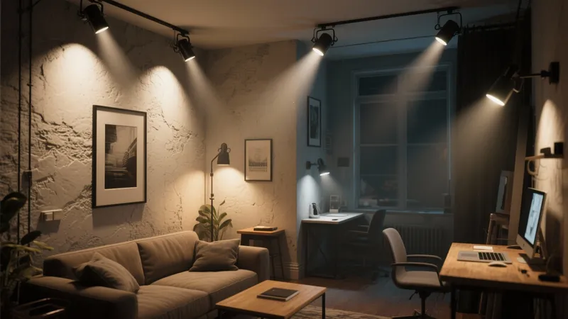 Industrial-Style Home Office with Warm, Focused Lighting