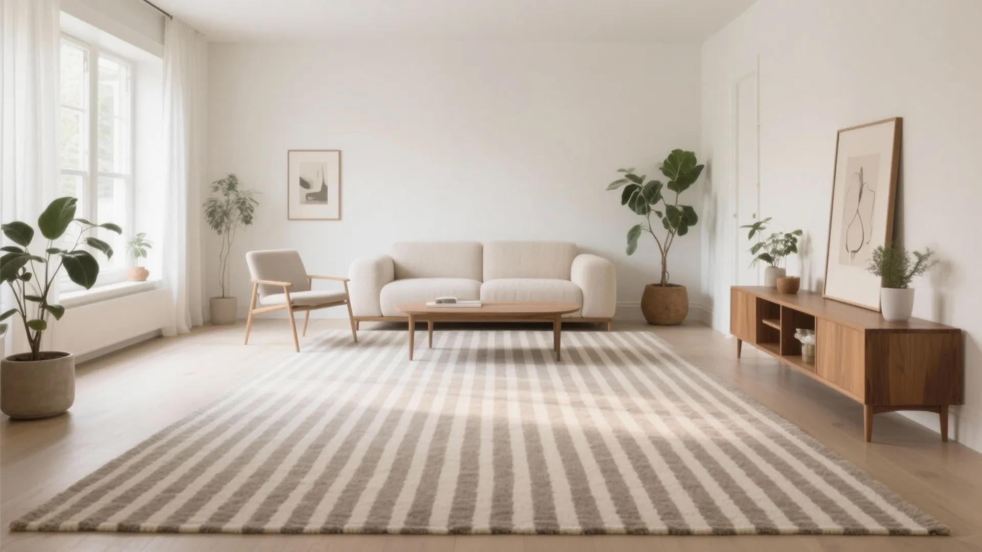 Subtle striped carpet oriented along the long wall to visually widen a small living room.
