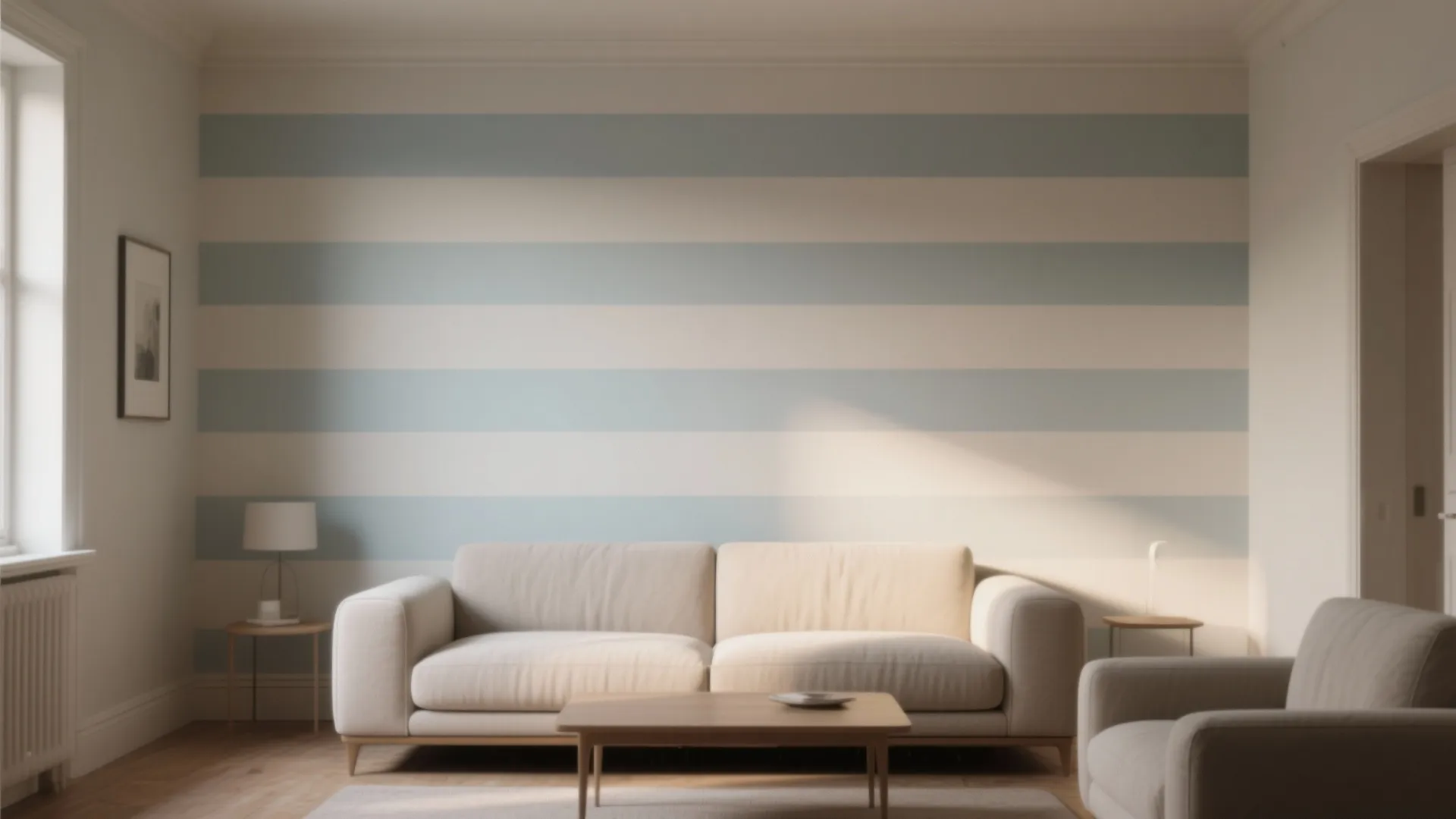 Living room with light blue horizontal striped wallpaper beige sofa wooden coffee table and lamp