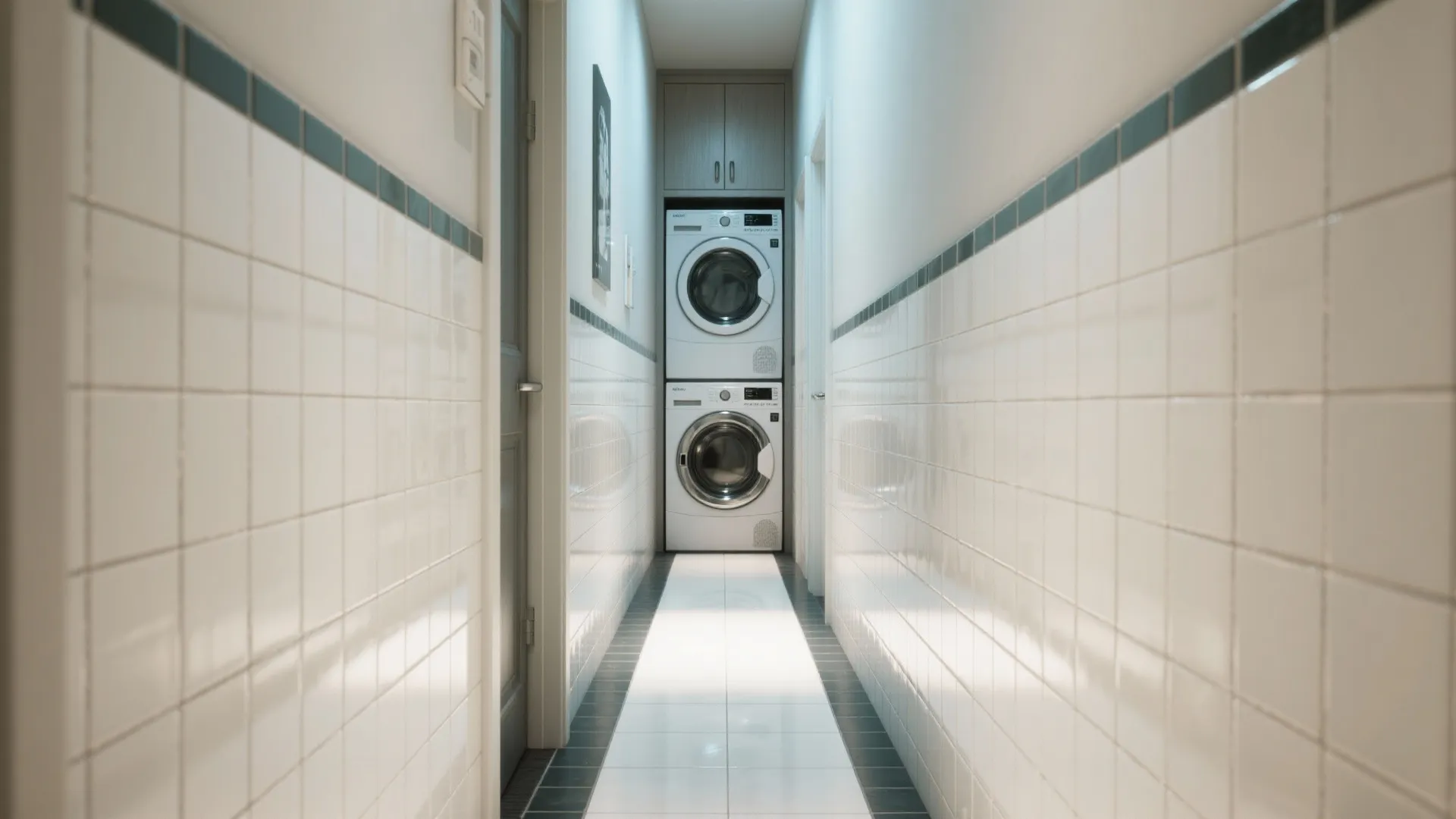 Narrow hallway laundry area with white wall tiles green borders and stacked washing machine and dryer