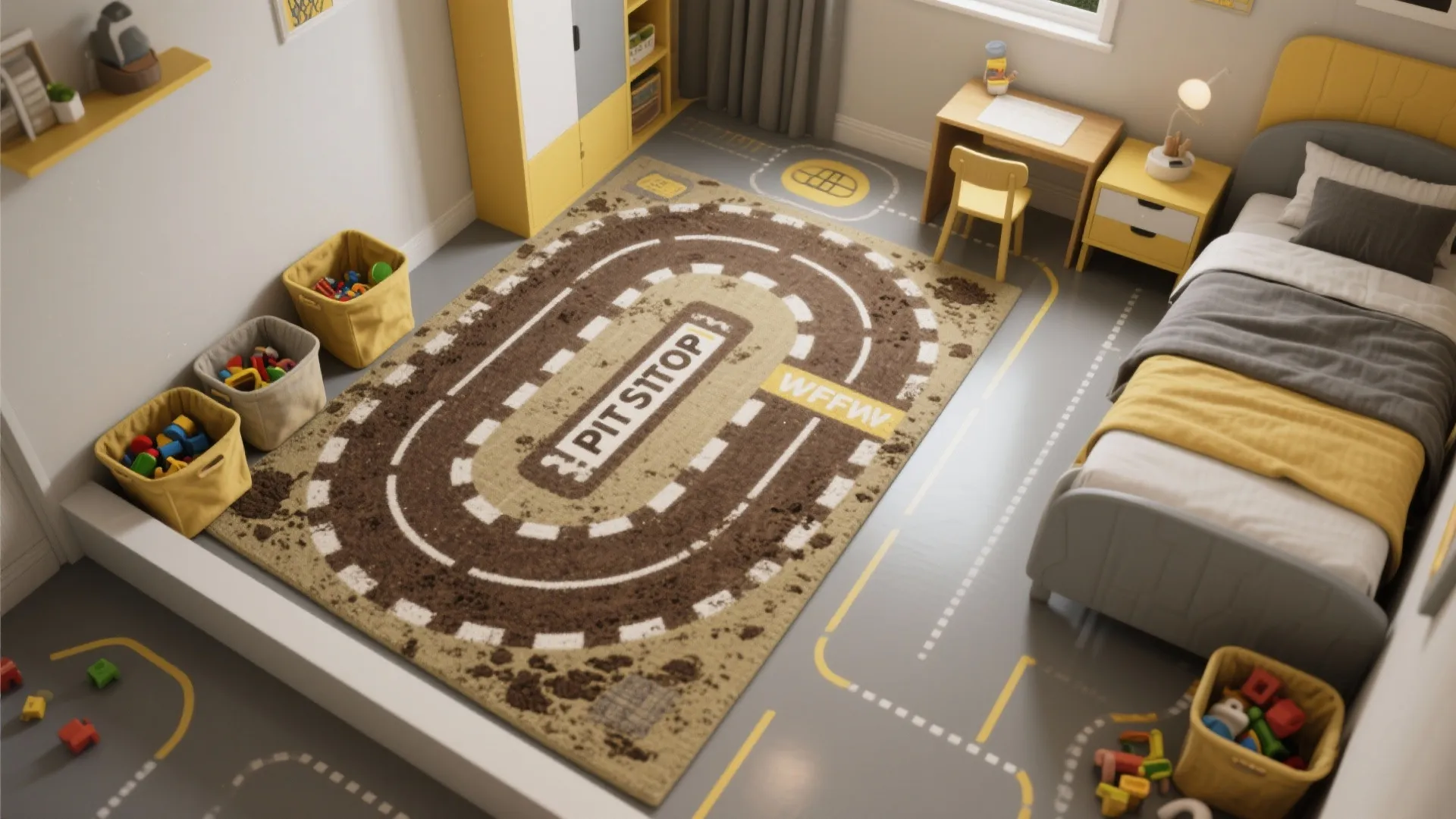Children bedroom with car track rug grey bed yellow furniture desk and several toy storage baskets