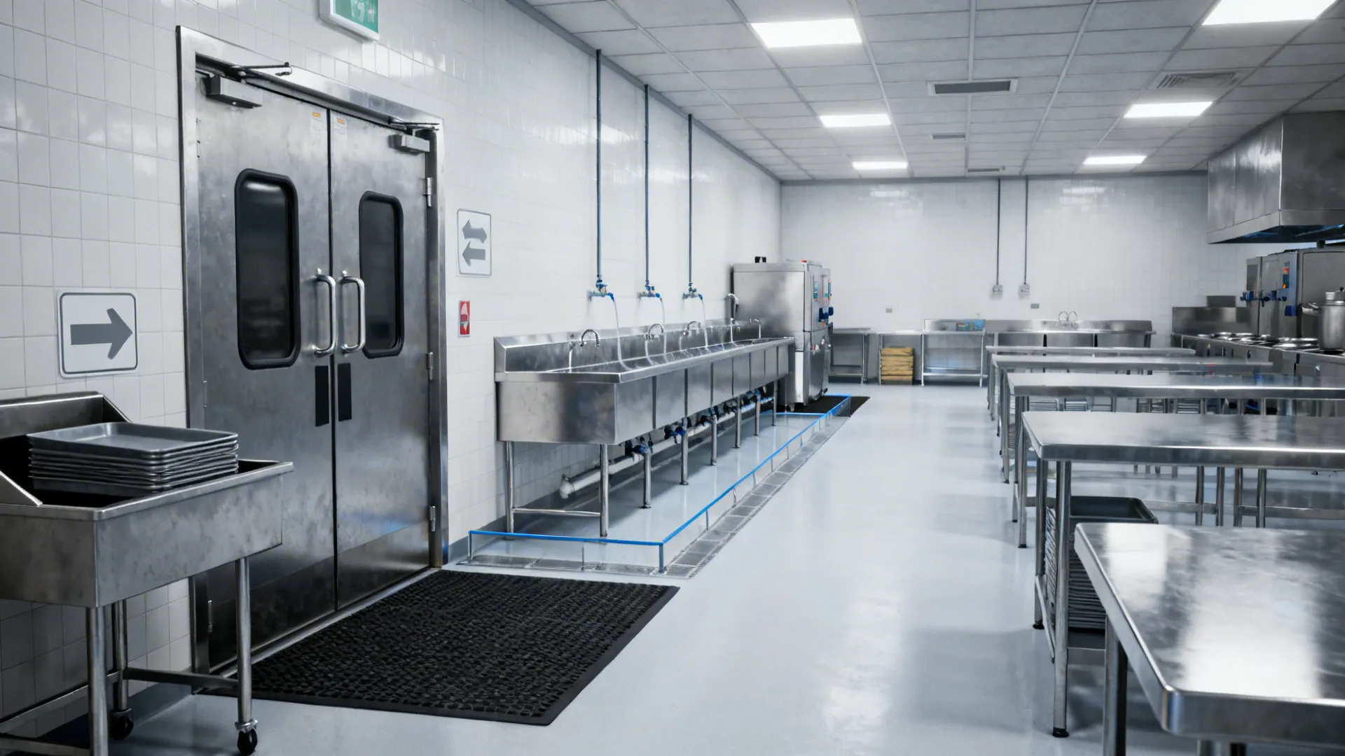 Professional kitchen space with stainless steel sinks white tiled walls metal tables and bright lights