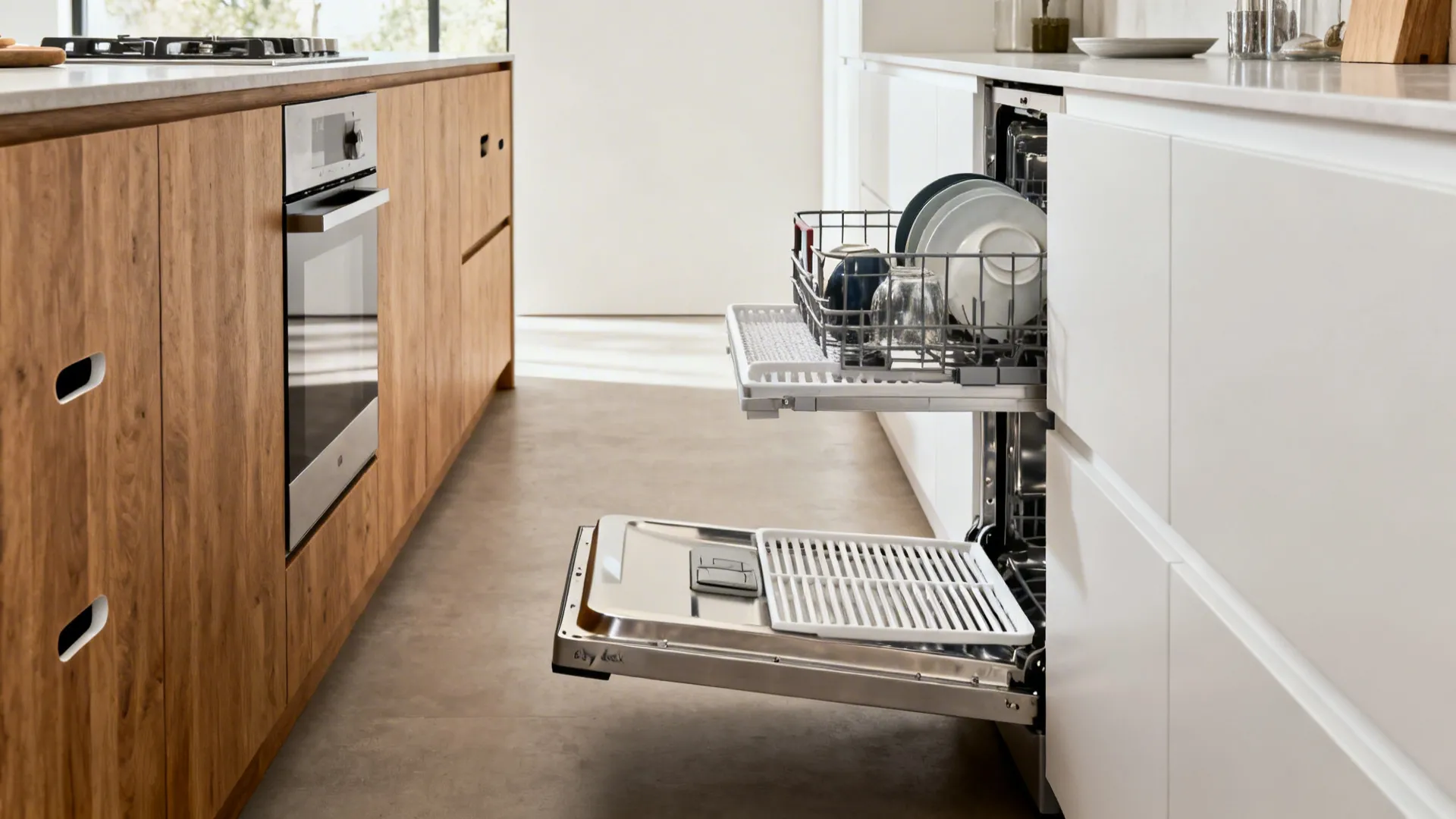 Dishwasher with a shallow slatted shelf above the door holding pre-rinsed dishes.
