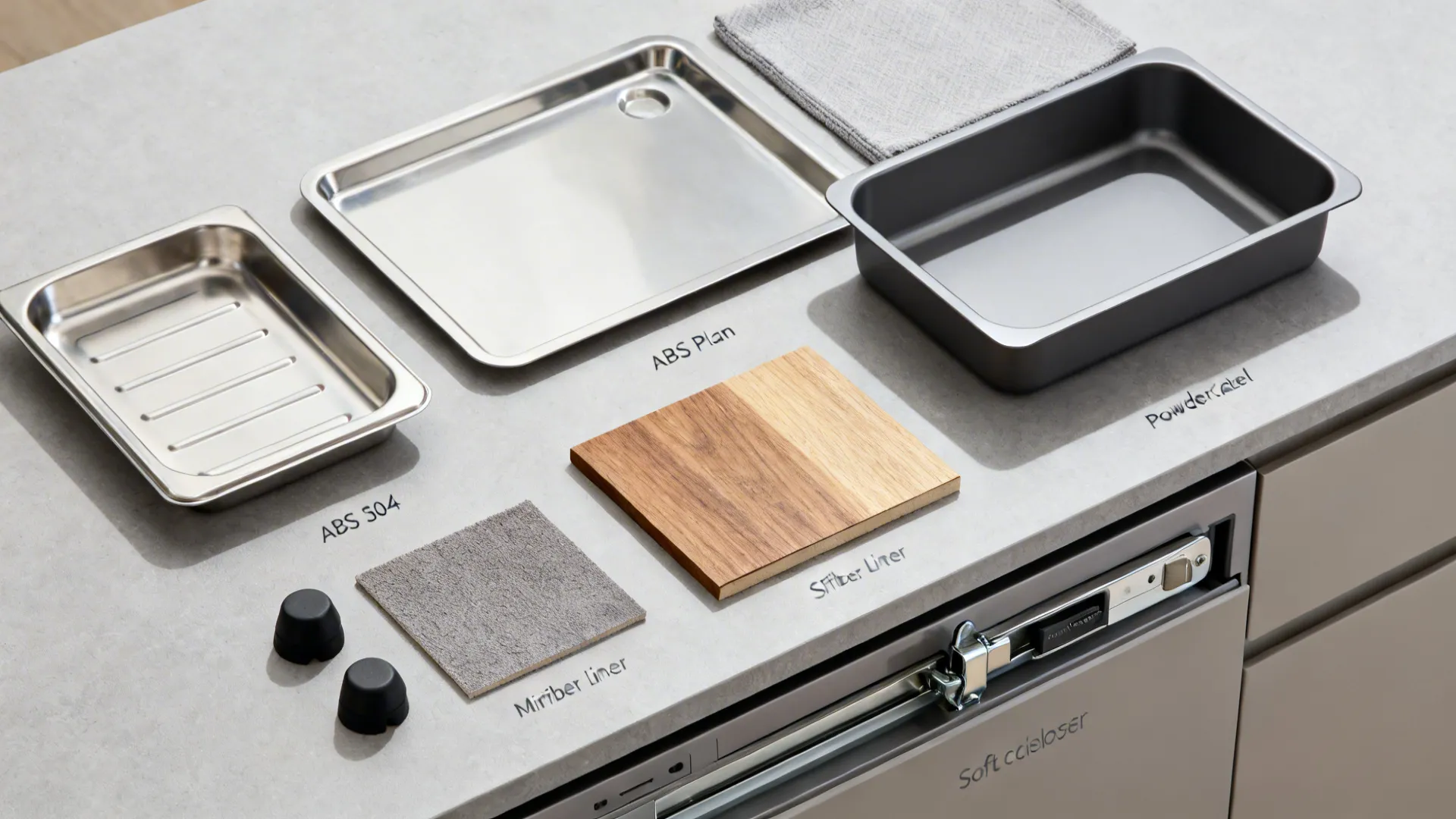 Flat lay of stainless tray, ABS pan, powder-coated steel, oak veneer, silicone, microfiber, and hardware.