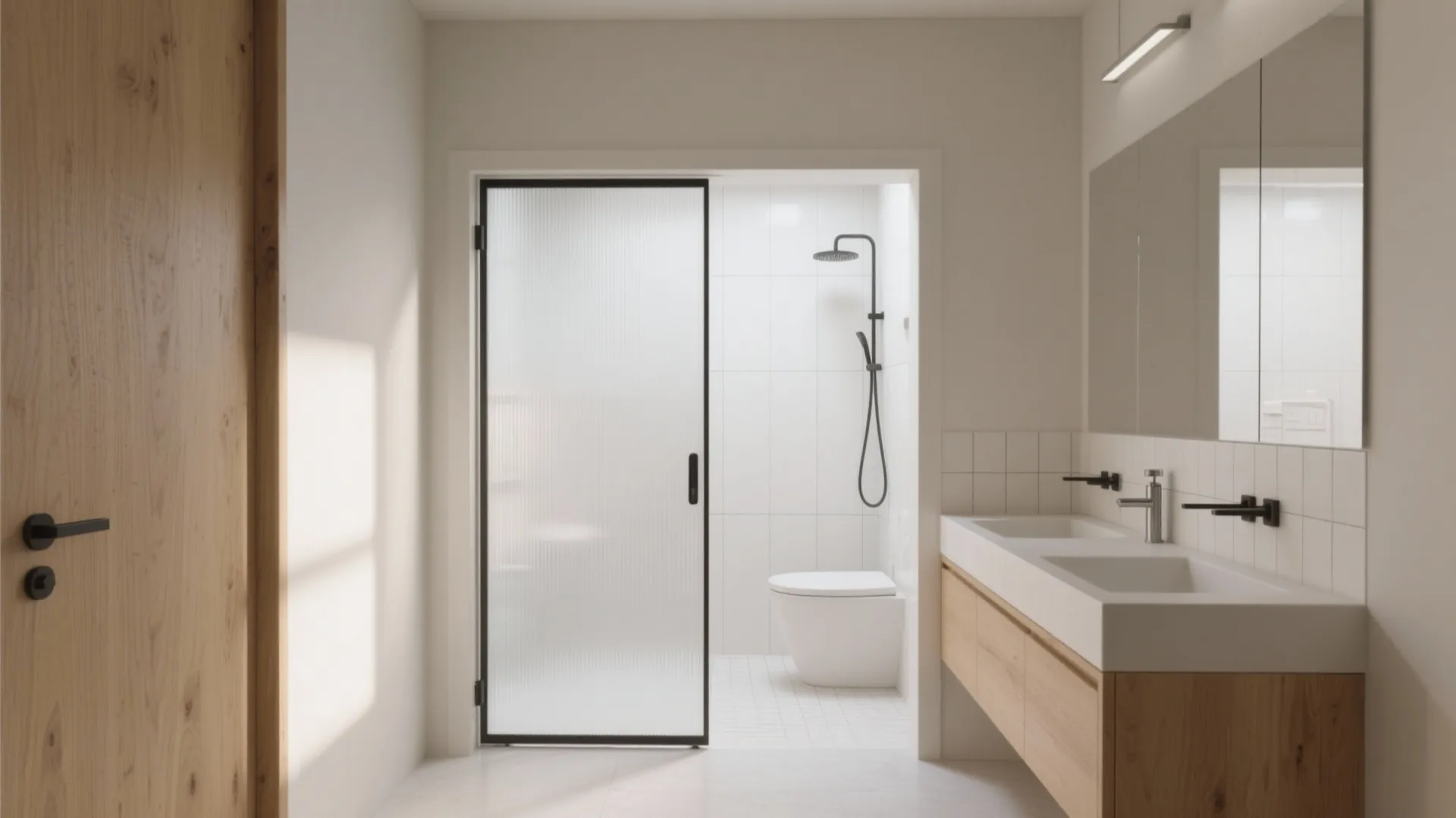 Modern bathroom with white sink wooden cabinet toilet and frosted glass door leading to the shower