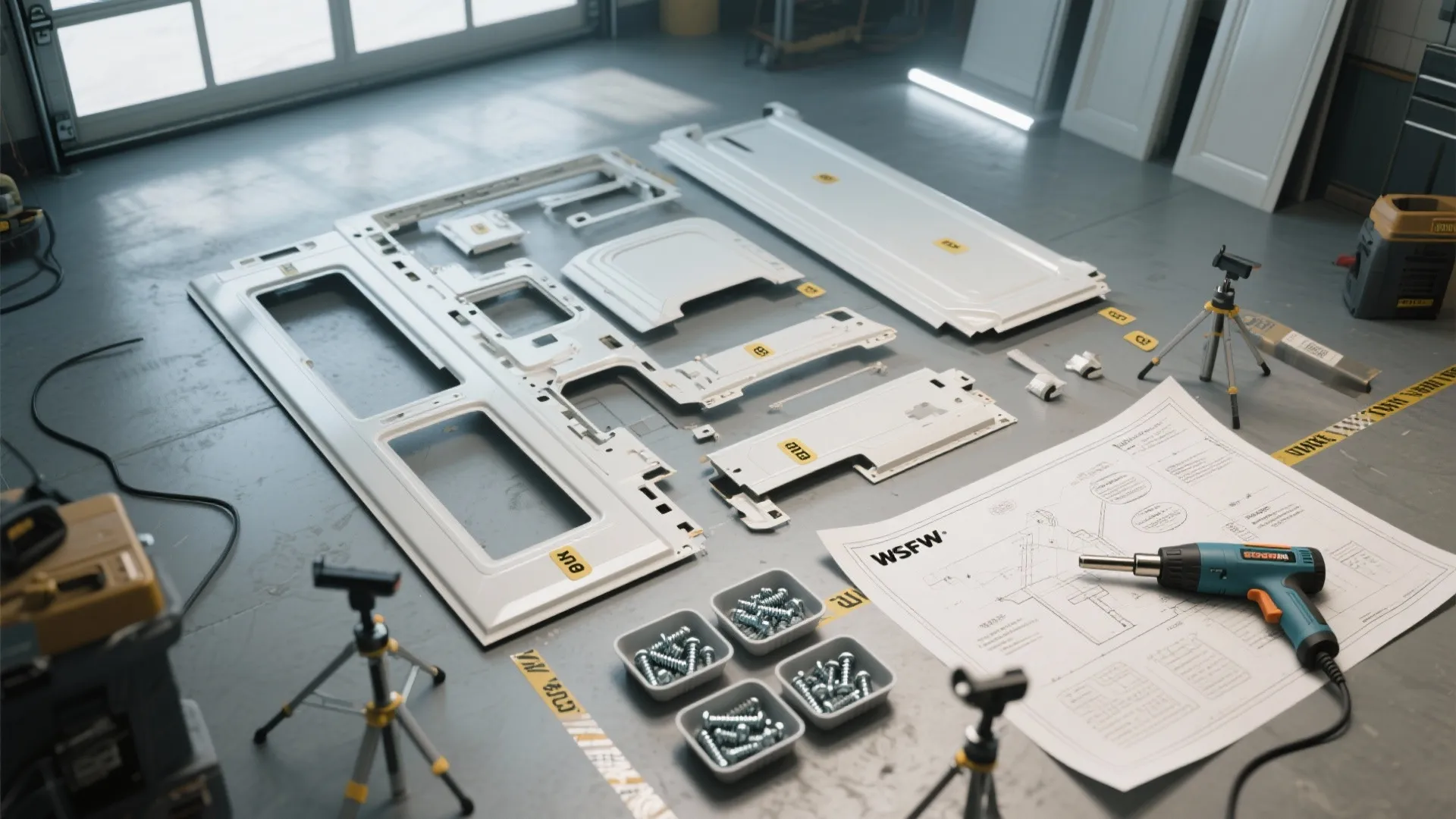 Disassembled white cabinet panels with screws tools and paper design drawing on a grey floor