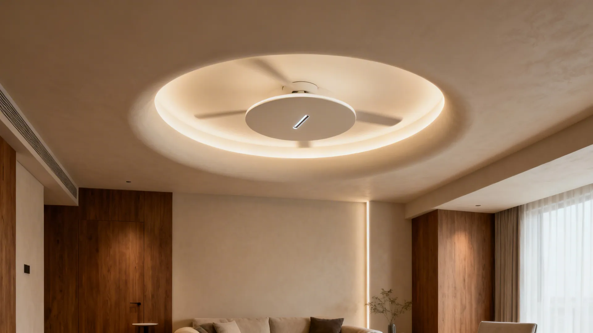 Sculptural center disc integrates a slim recessed DC fan with soft ring uplight.