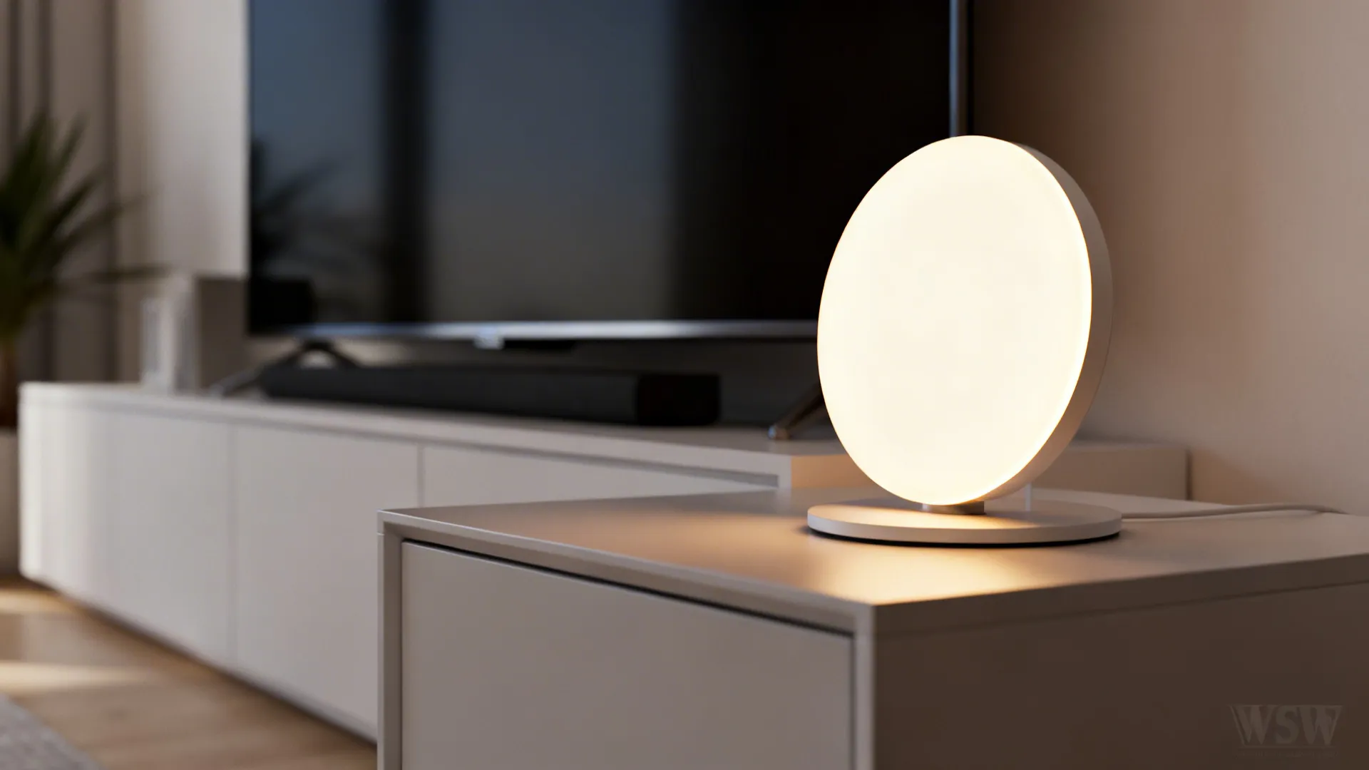 Low-profile disc lamp on an end table preserving TV sightlines and creating warm ambient light