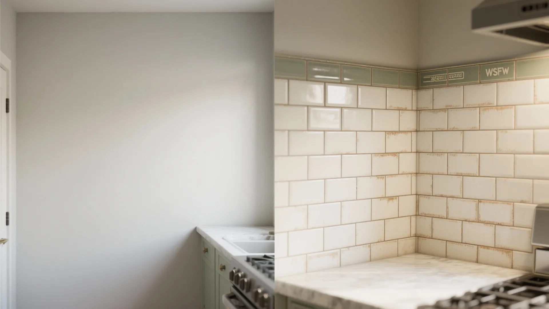 Before and after comparison showing a plain grey wall versus new white brick wall tiles