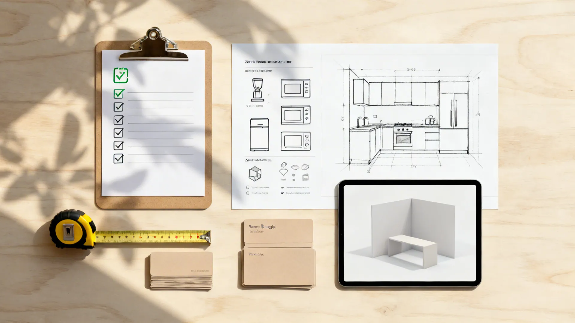 Top-down flat lay of discovery tools: checklists, specs, budget cards, and a zone-planning sketch.