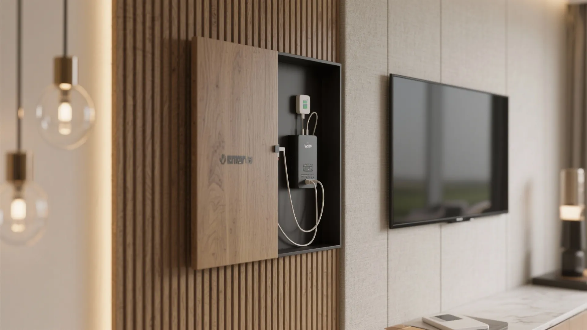 Hidden TV behind sliding panels and concealed phone chargers