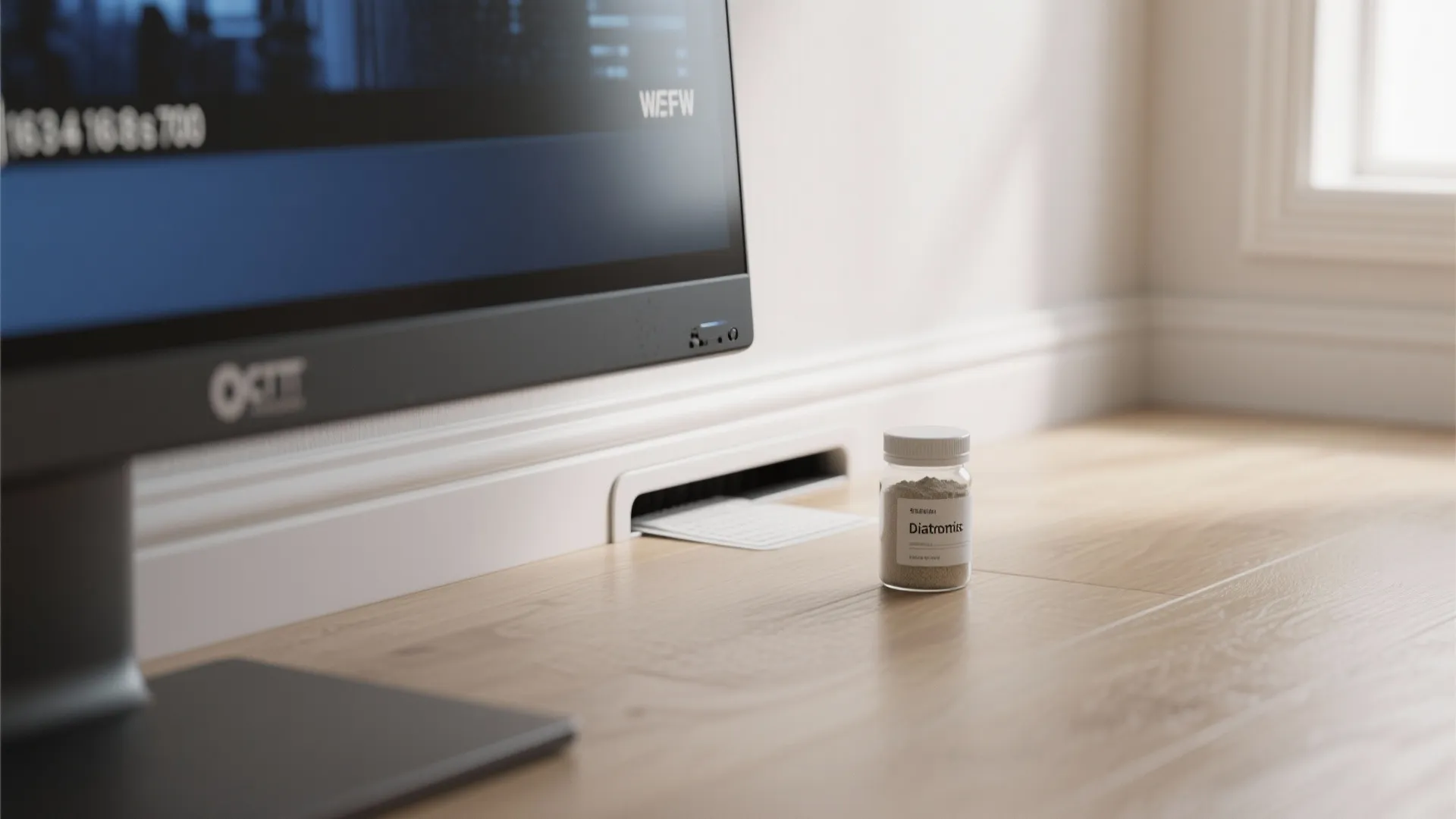 Small glass bottle on wood flooring next to a computer monitor and white wall panel