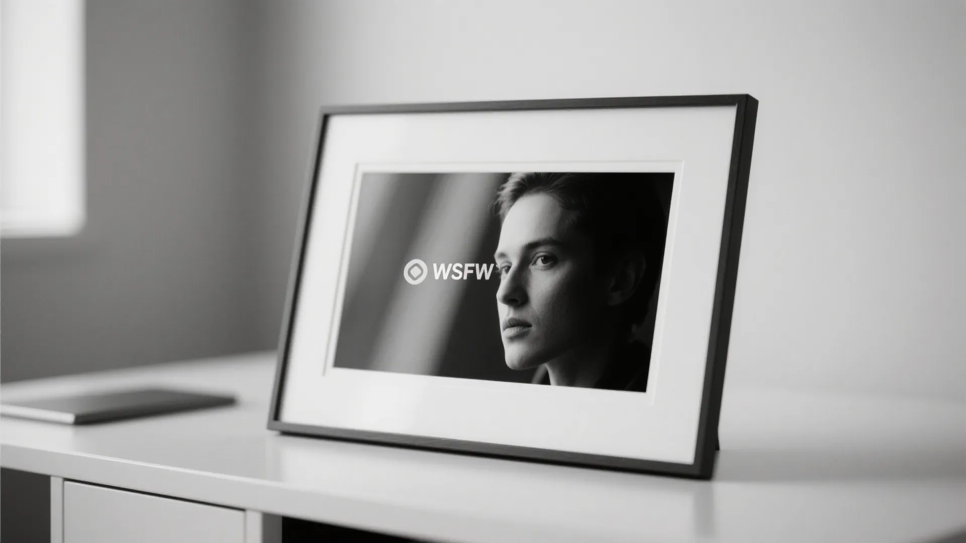 Black picture frame with white border displaying a portrait on a white table near window