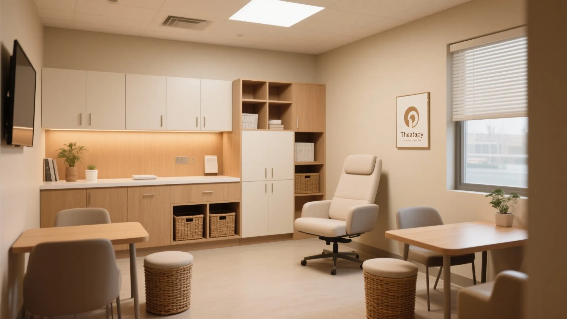 Modern office interior with wooden cabinets white storage units a desk chair and small woven stools