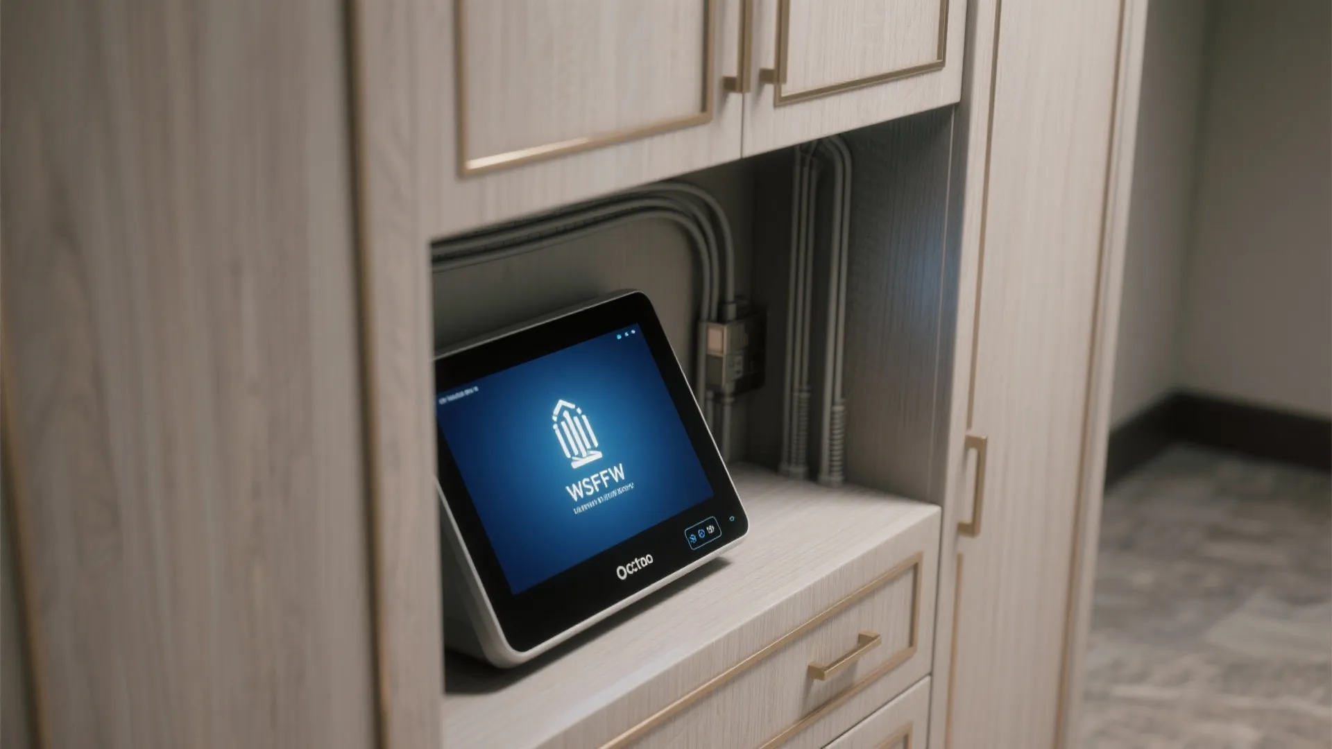 Smart tablet showing a blue screen inside a light wood cabinet shelf with grey wires