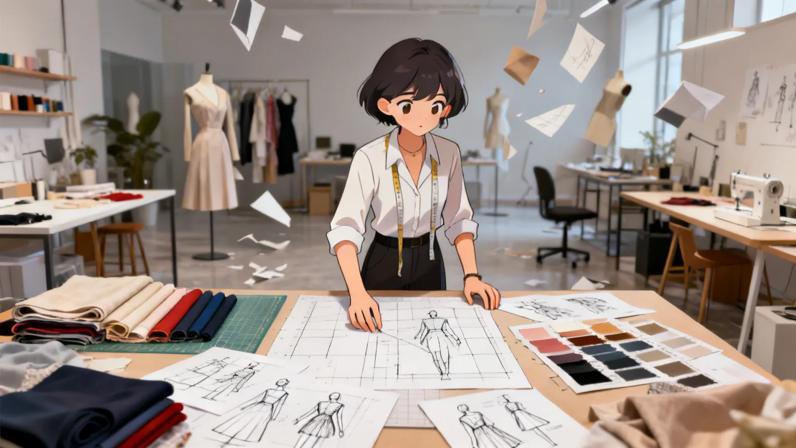 Diseñador de moda trabajando en patrones y bocetos