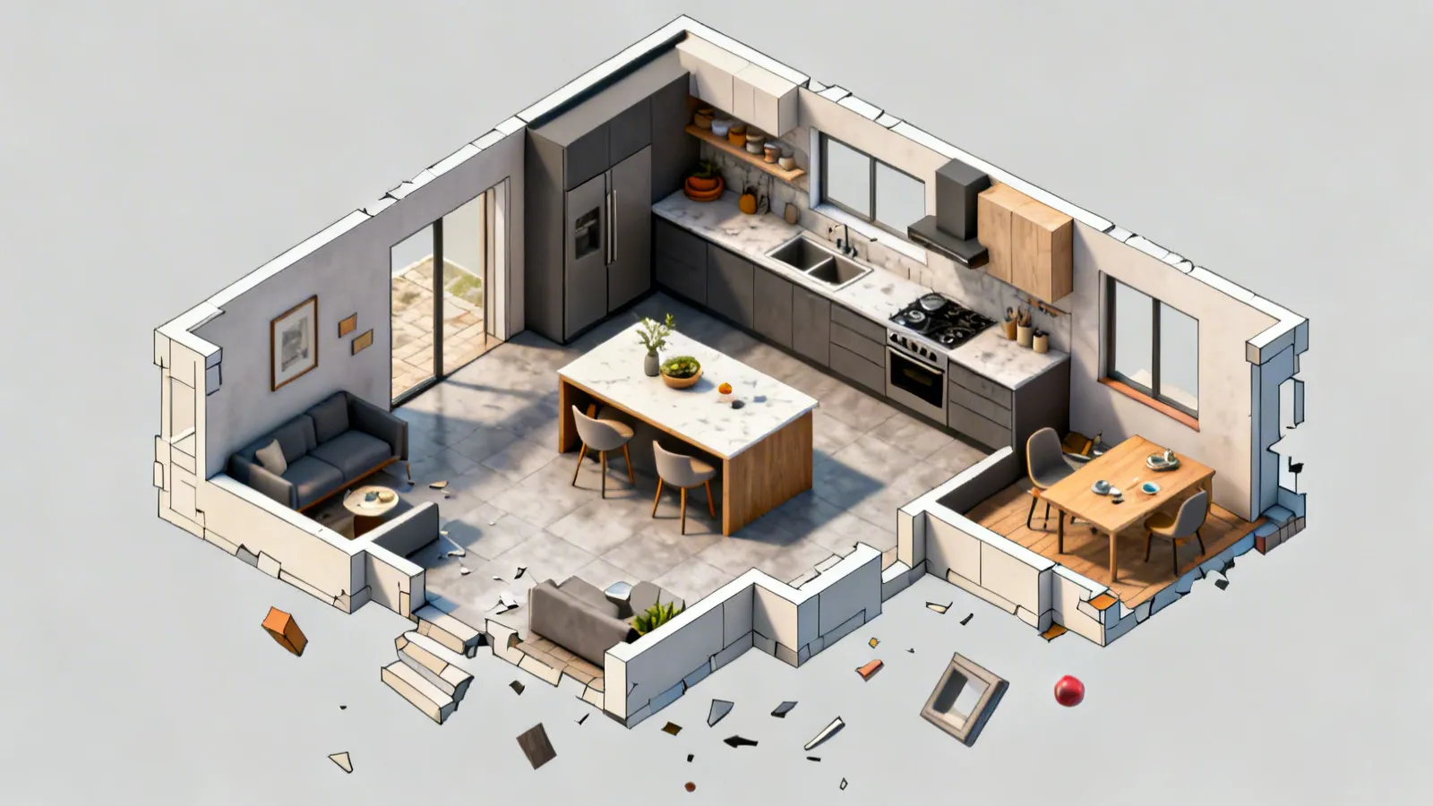 Plano de cocina moderna con isla integrado en el diseño de la vivienda