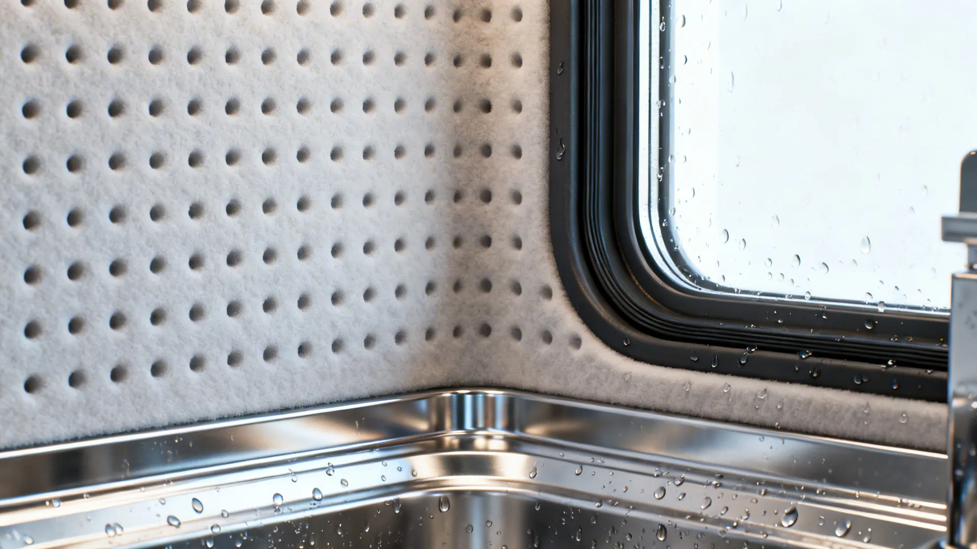 Macro of perforated acoustic panel with stainless trim and gasketed view window at a dish area under bright light.