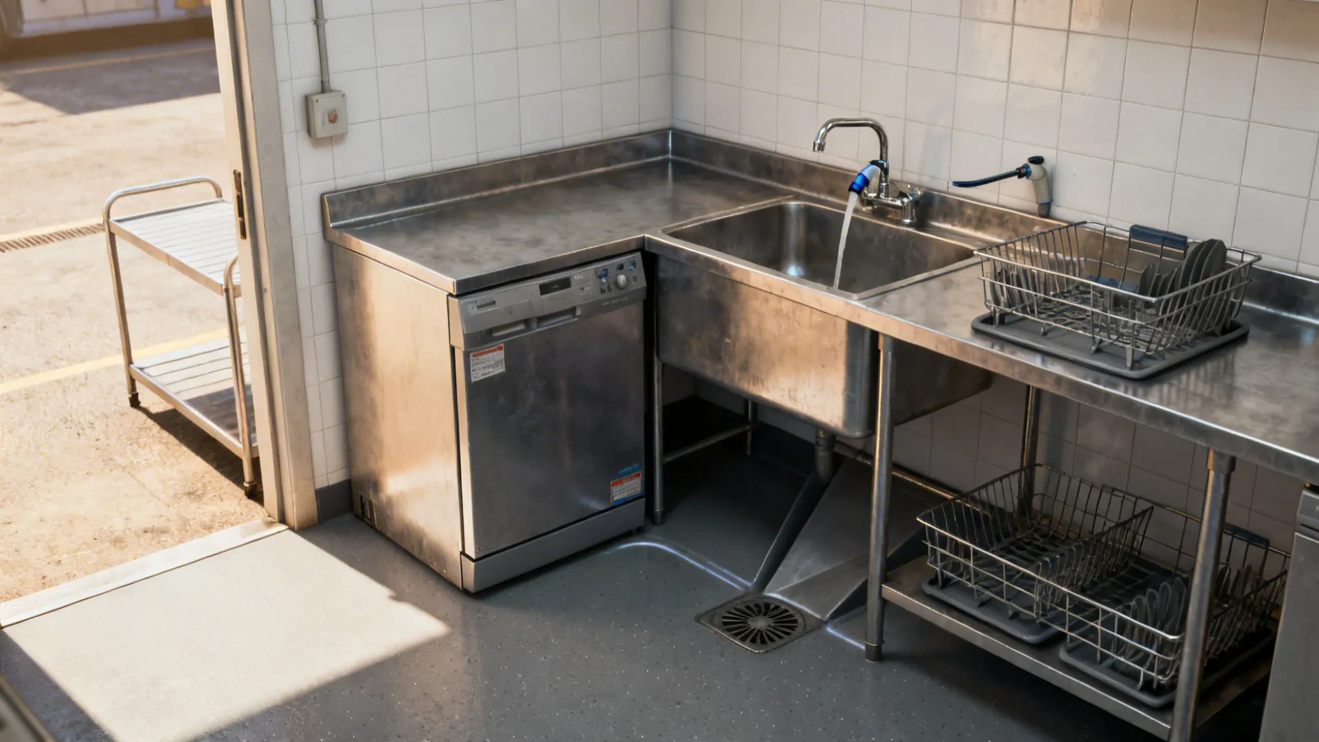 Corner dish station with pre-rinse, scrap sink, drying racks, and a staging shelf.