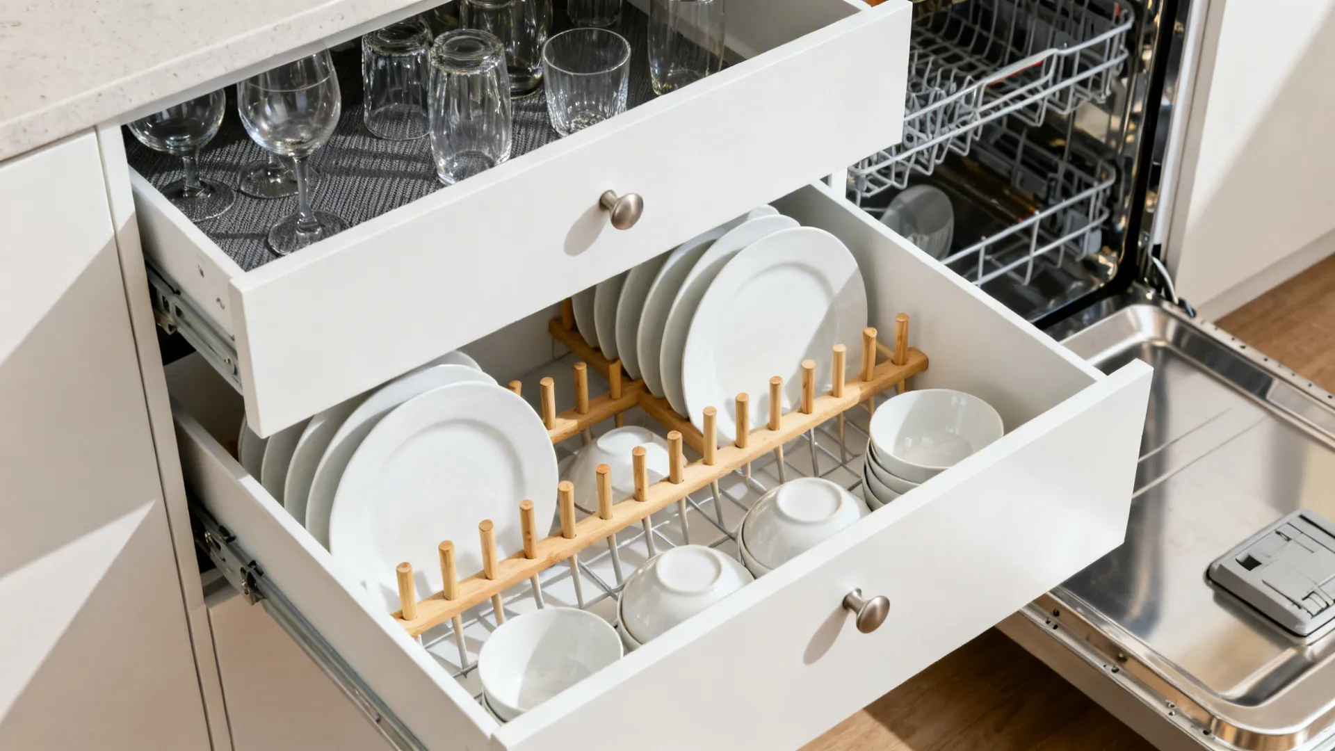 Top-down view of a deep drawer with peg dividers organizing plates and bowls near an open dishwasher.