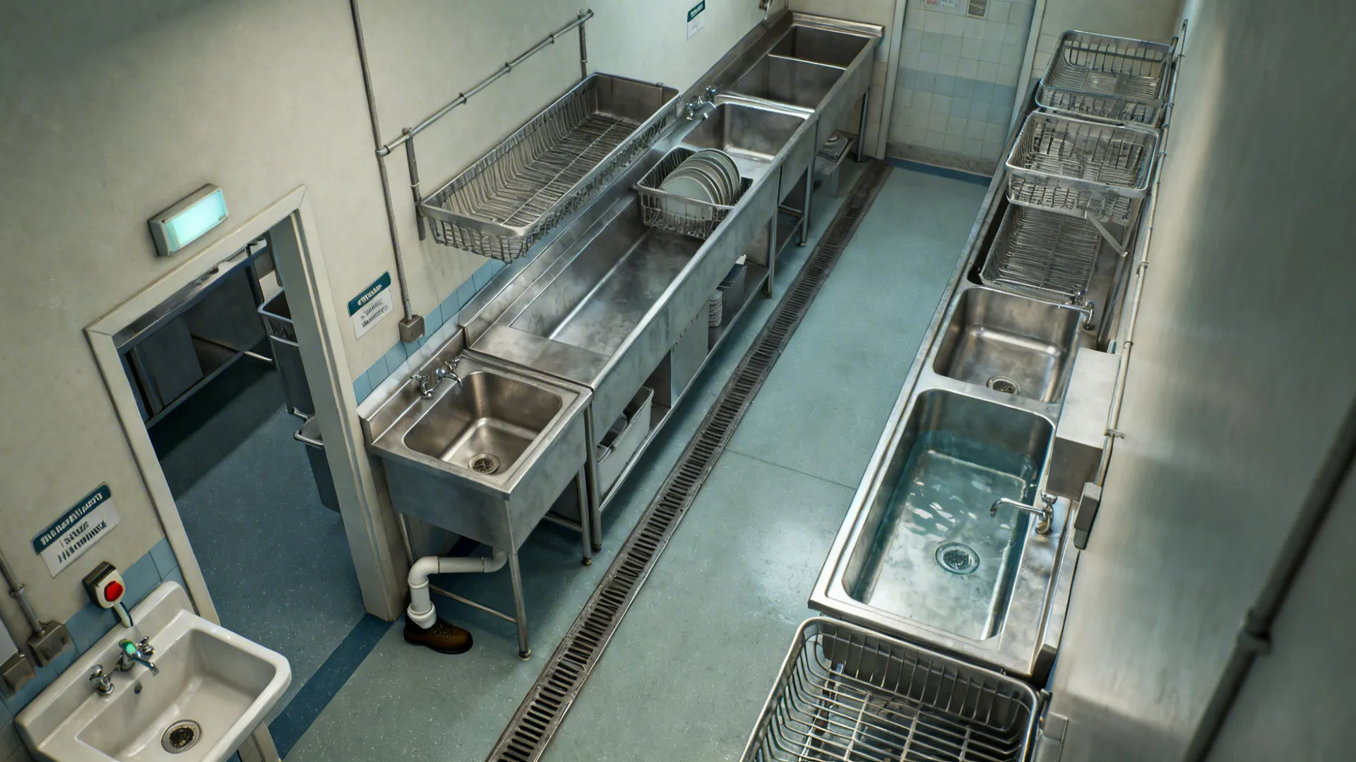 Top-down dish zone with scrape, pre-rinse, wash, rinse, and air-dry sequence plus handwash sink at entry.