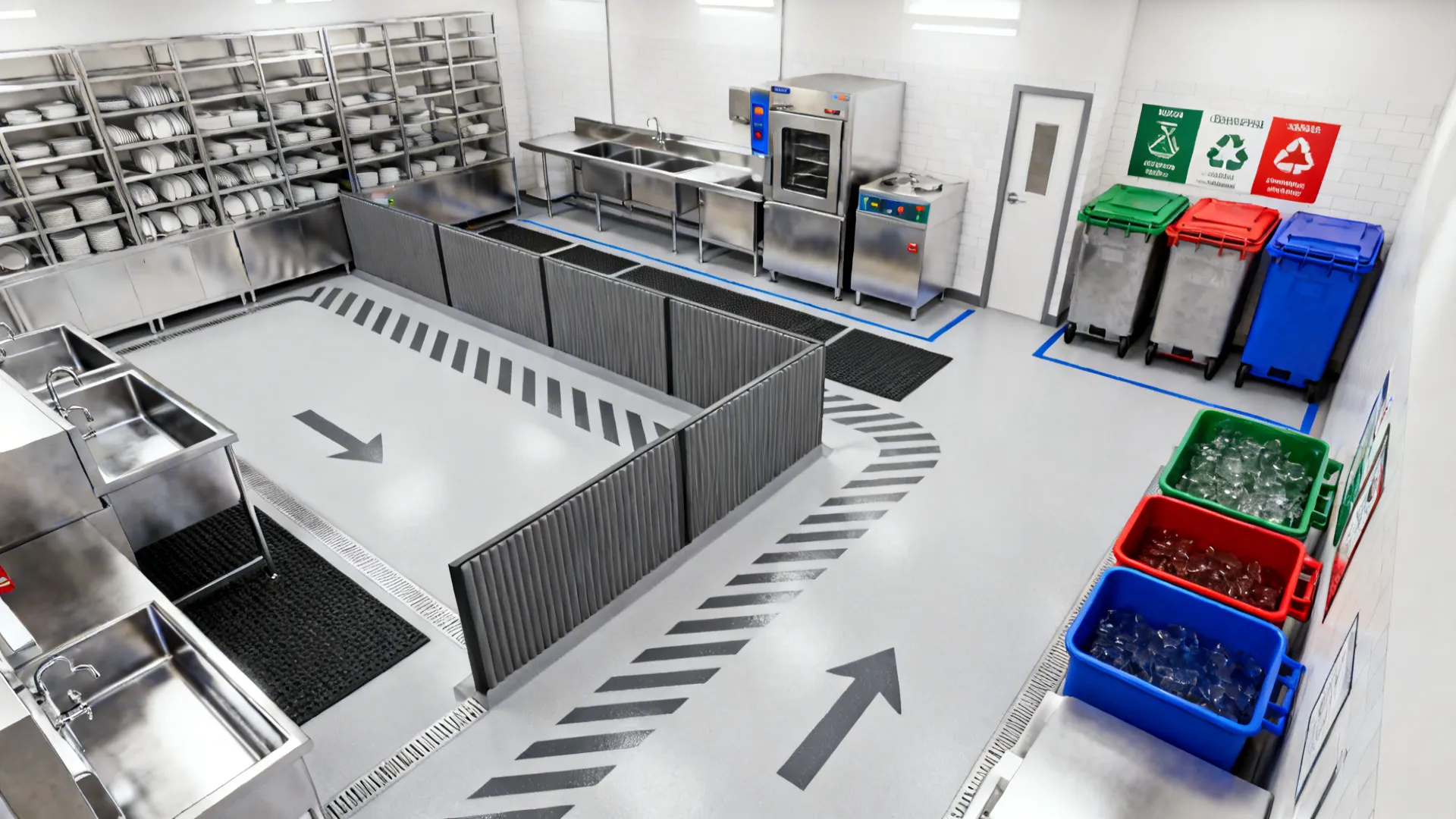 Commercial kitchen interior design drawing showing sinks, ovens, storage shelves, recycling bins and floor markings