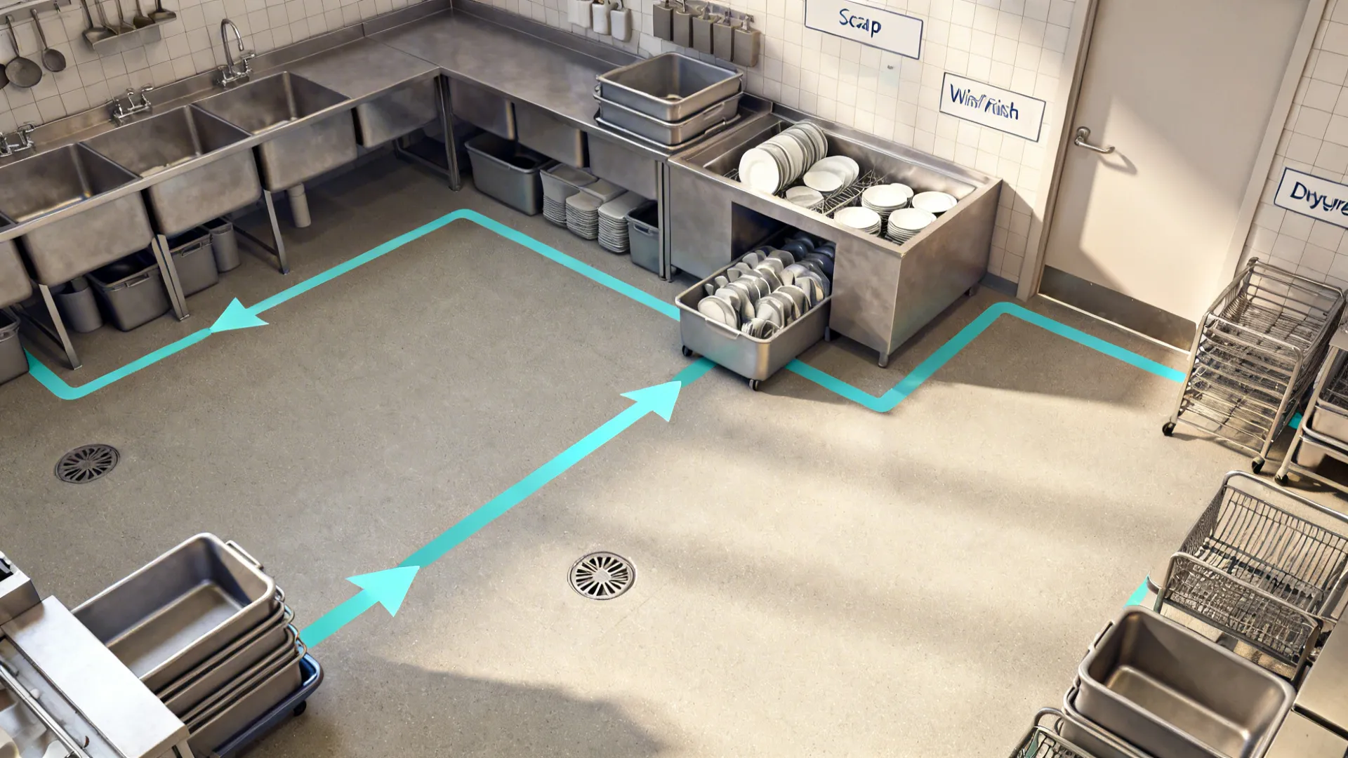 Top-down view of soiled-to-clean dish sequencing with clear busser paths.