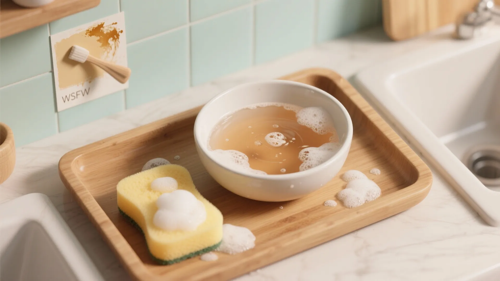 White bowl with soapy water and yellow sponge on a wooden tray near kitchen sink