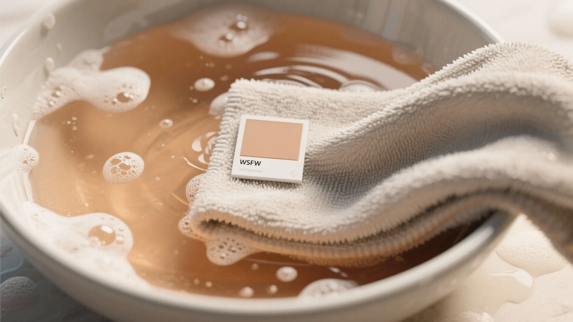 Bowl of soapy water with white cloth and small color swatch for cleaning wall stains
