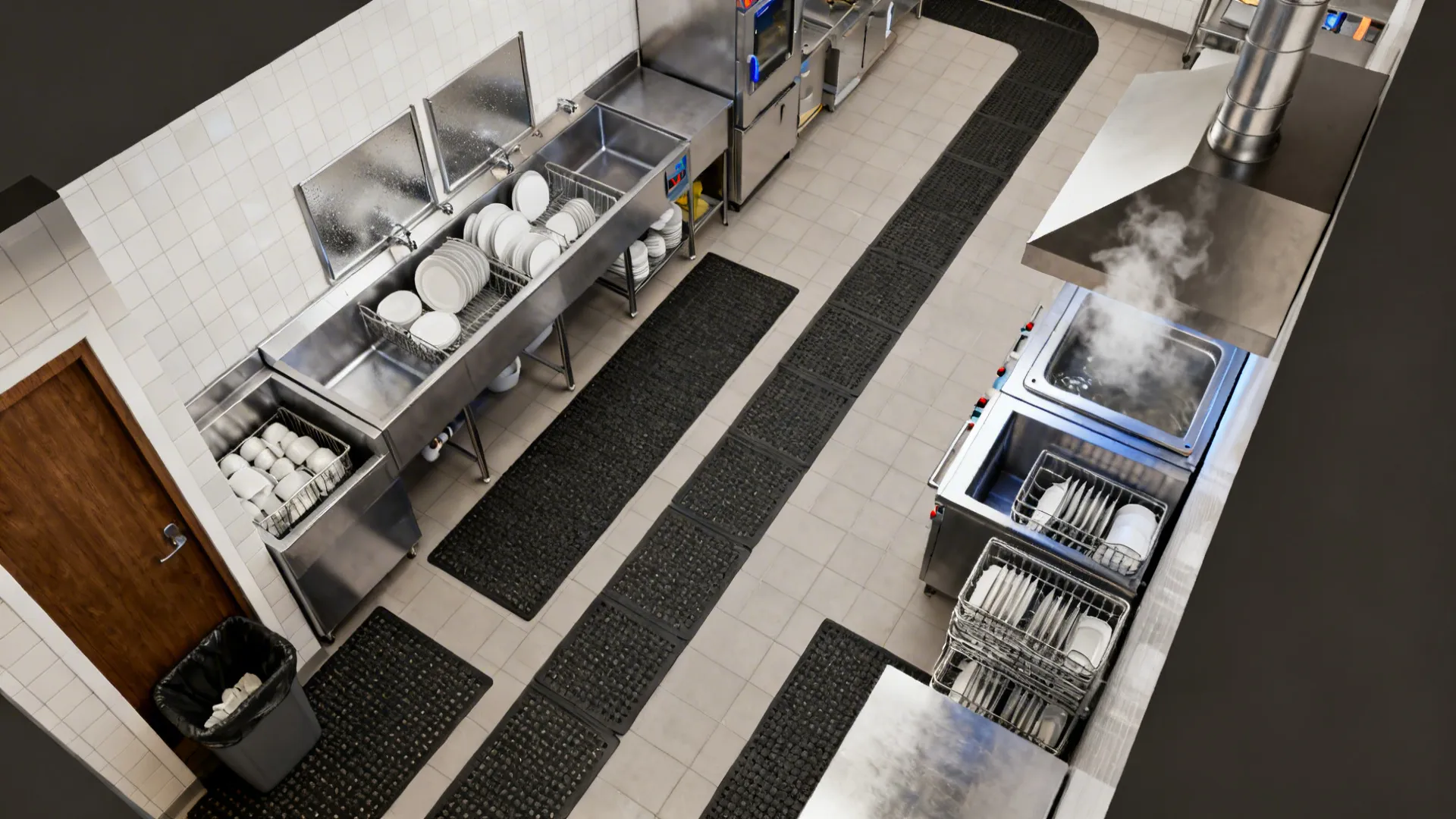 Top-down linear dish corridor with pre-rinse, high-temp washer, and a separate clean rack path.
