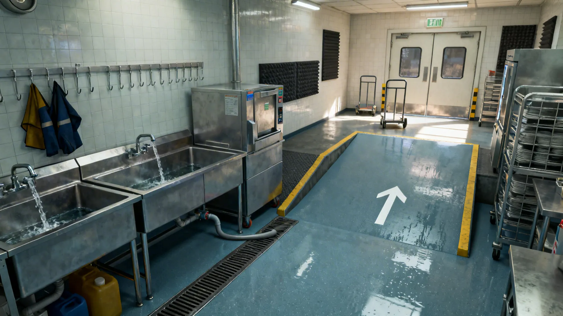 Dish lane with trench drain, pre-rinse, dish machine, and clear egress to loading ramp.