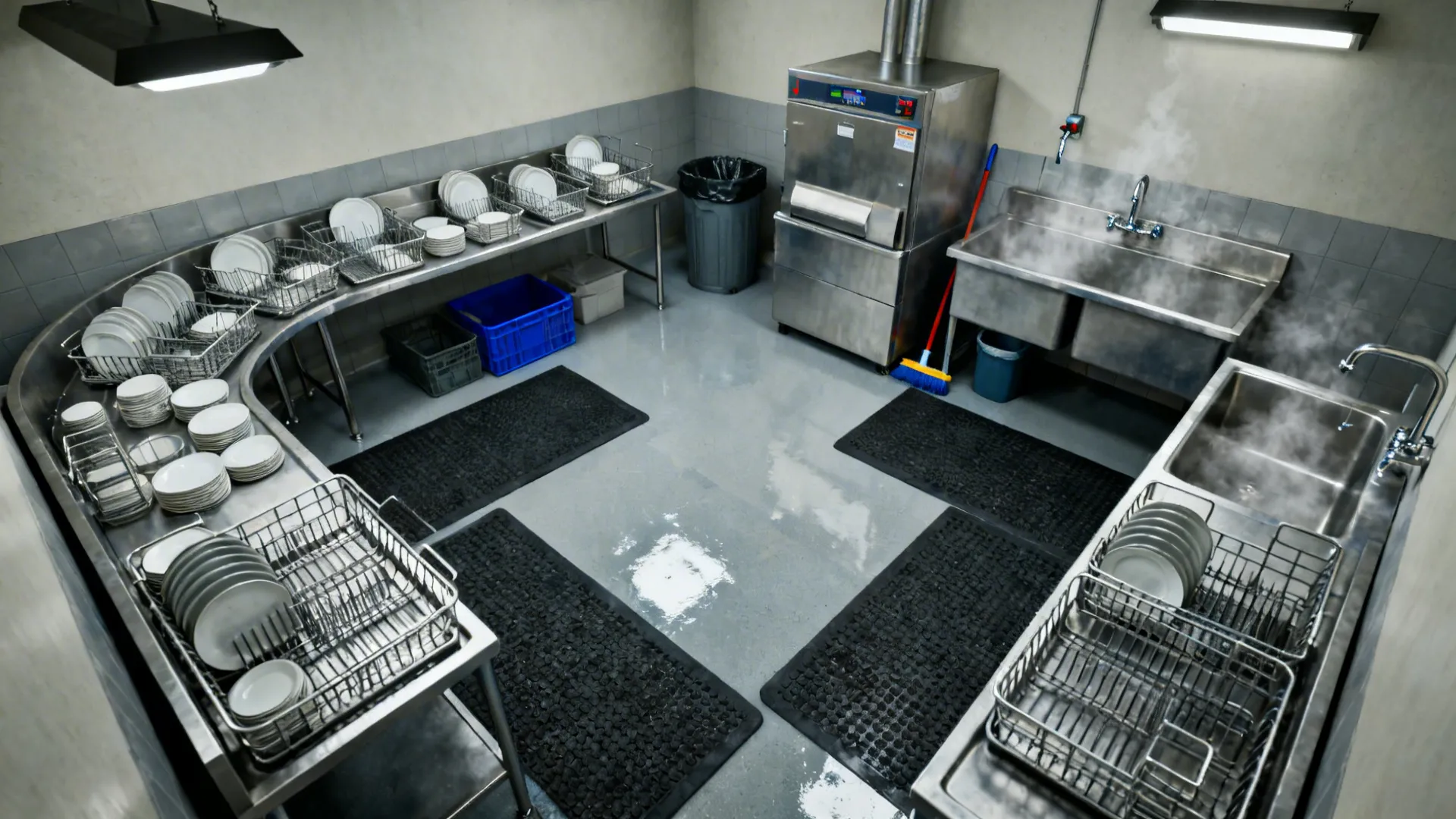 Efficient dish pit with dish machine, pre-rinse, trash, and mop sink in a tight triangle.