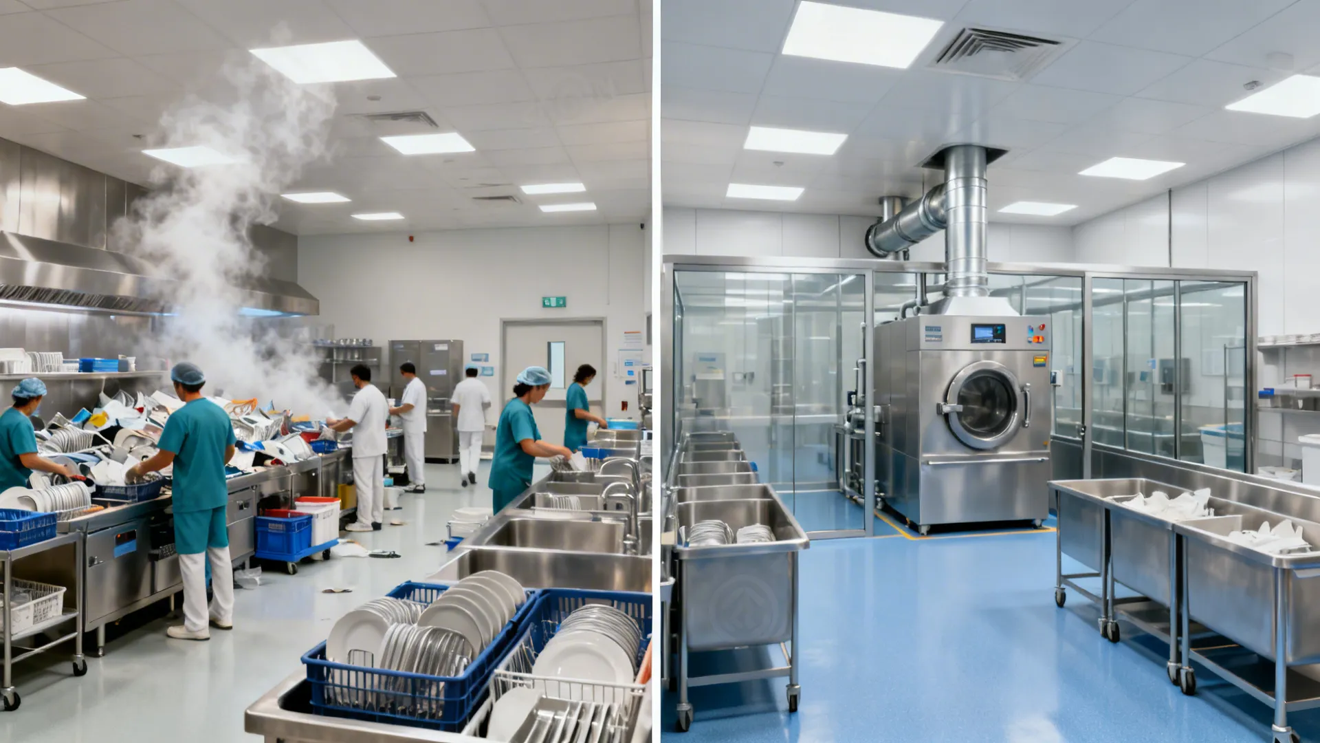 Split view of dishroom traffic and humidity before vs. contained, exhausted upgrade after.