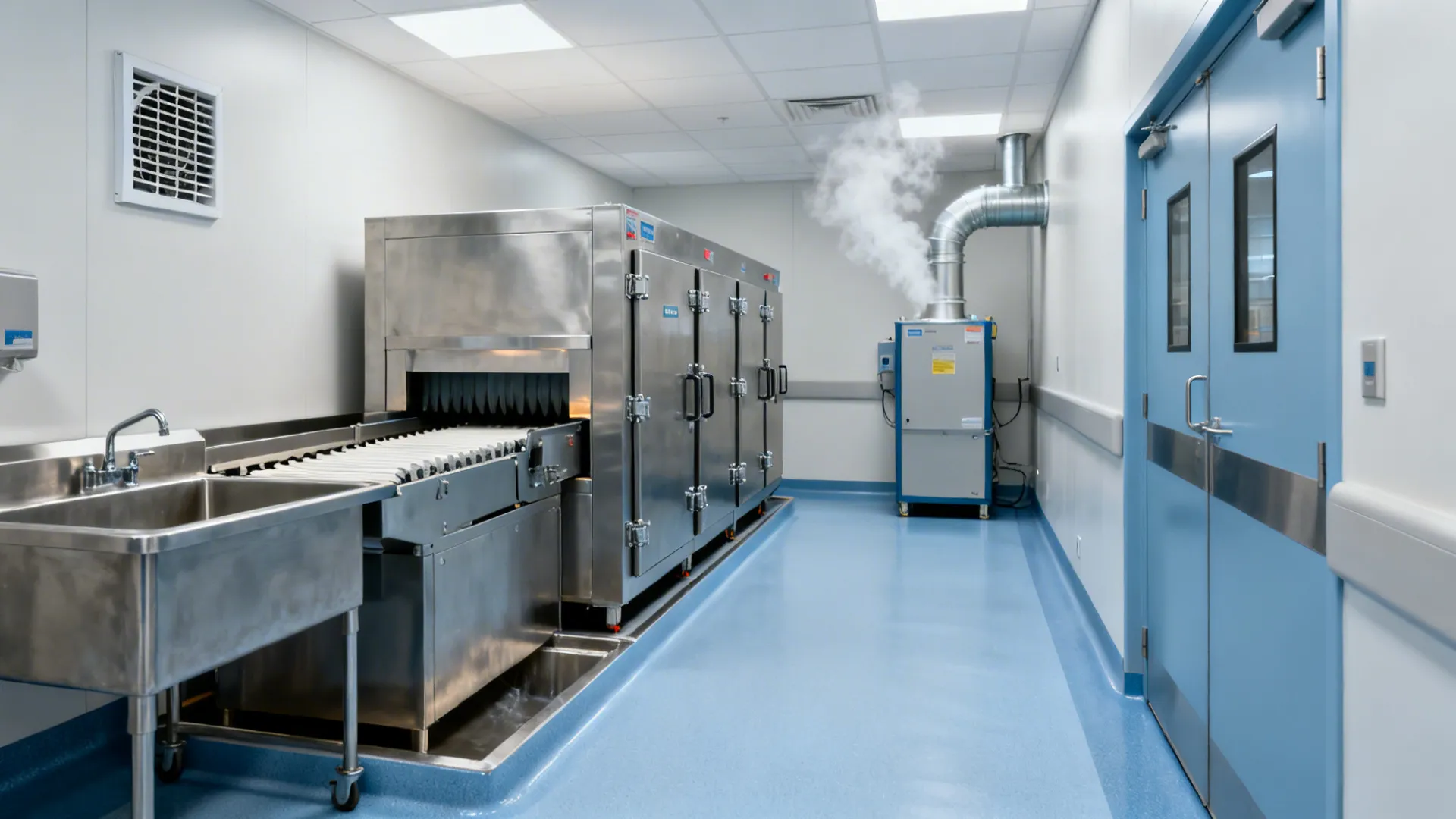 Hospital dishroom with dedicated soiled return, high-temp machine, and negative pressure exhaust.